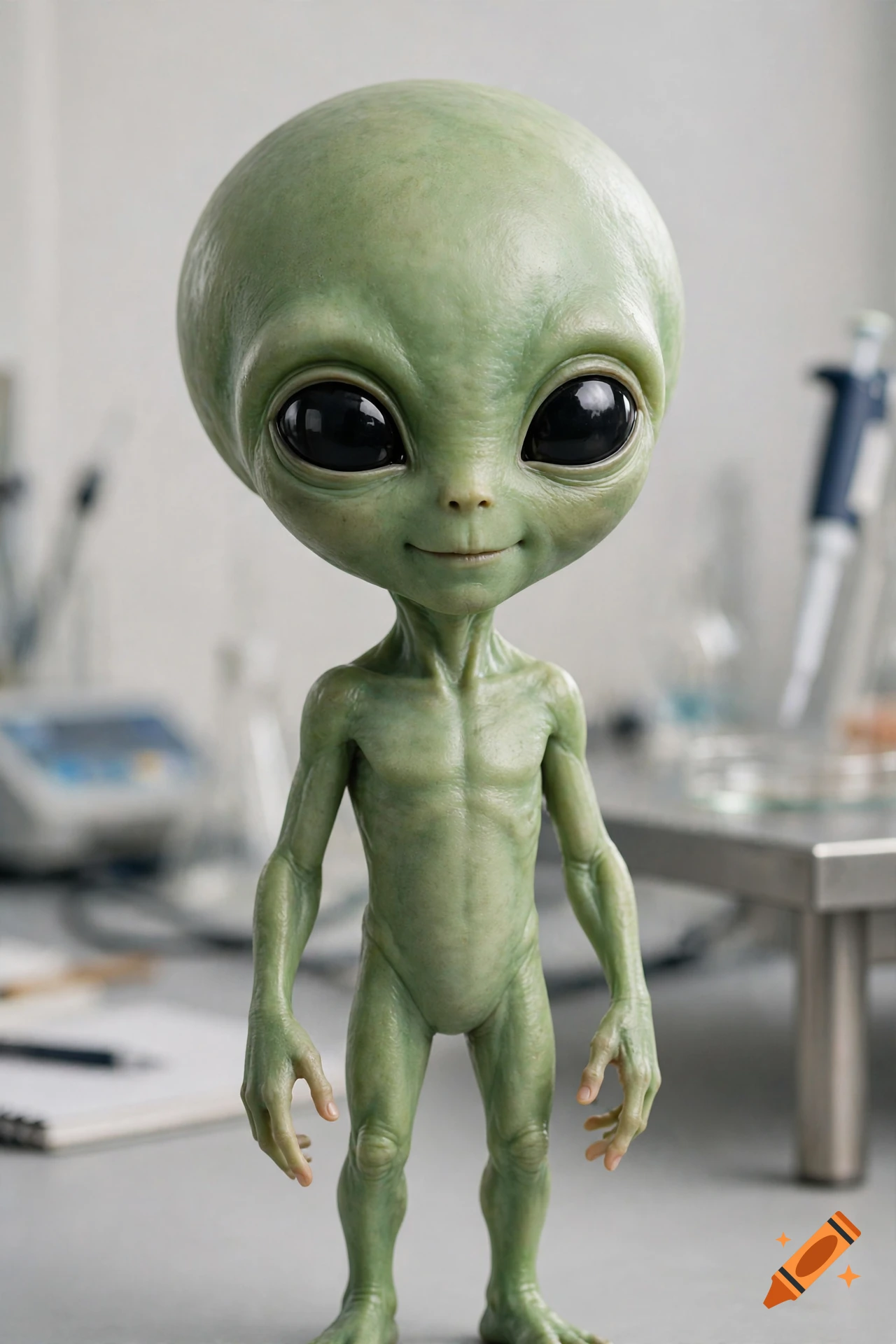 Photorealistic close-up of a cute, green, grey-style alien standing in a laboratory.