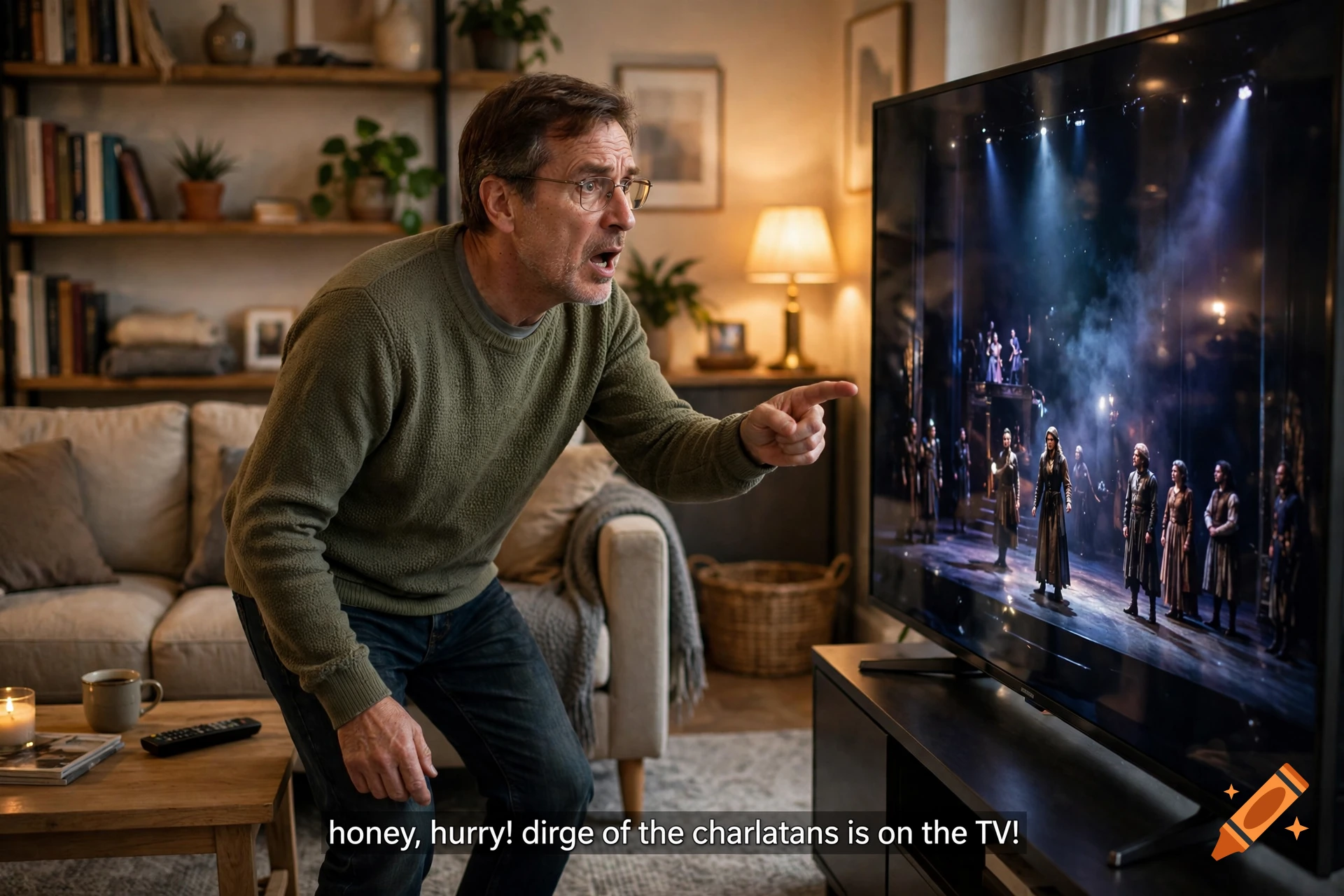 A middle-aged man in a green sweater excitedly points at a large television showing a theatrical stage production in a cozy living room, photorealistic.