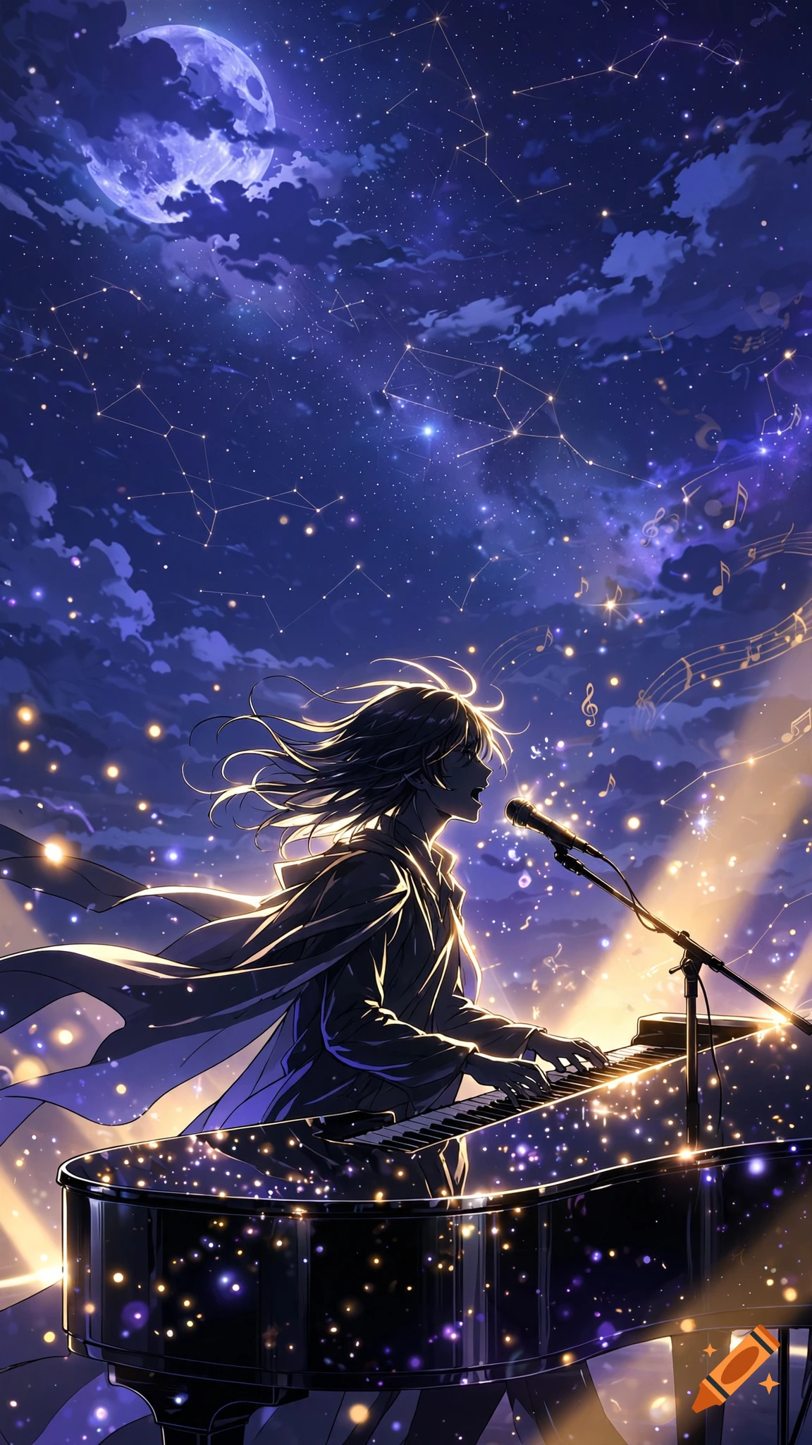 Anime style illustration of a person silhouette singing and playing a grand piano under a starry night sky with moon.