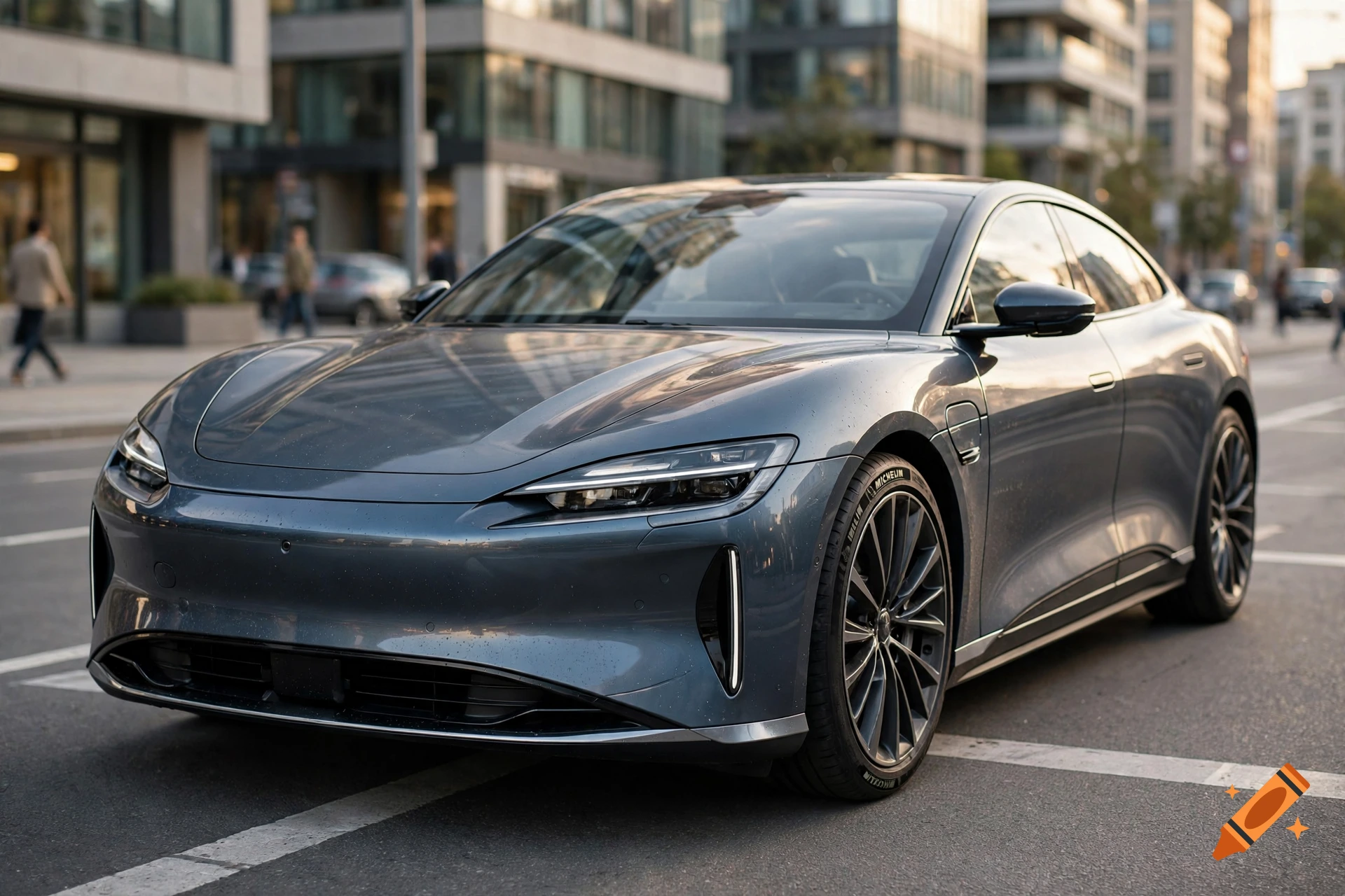 A modern grey electric car parked on a city street with buildings in the background.
