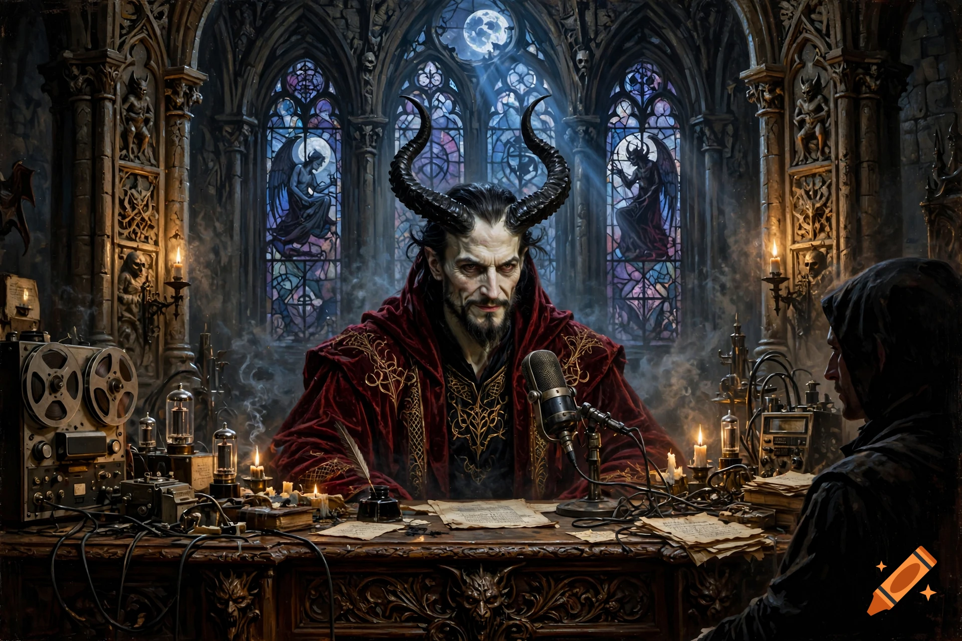 Satan with horns in a red robe being interviewed on a podcast inside a gothic cathedral with stained glass windows.