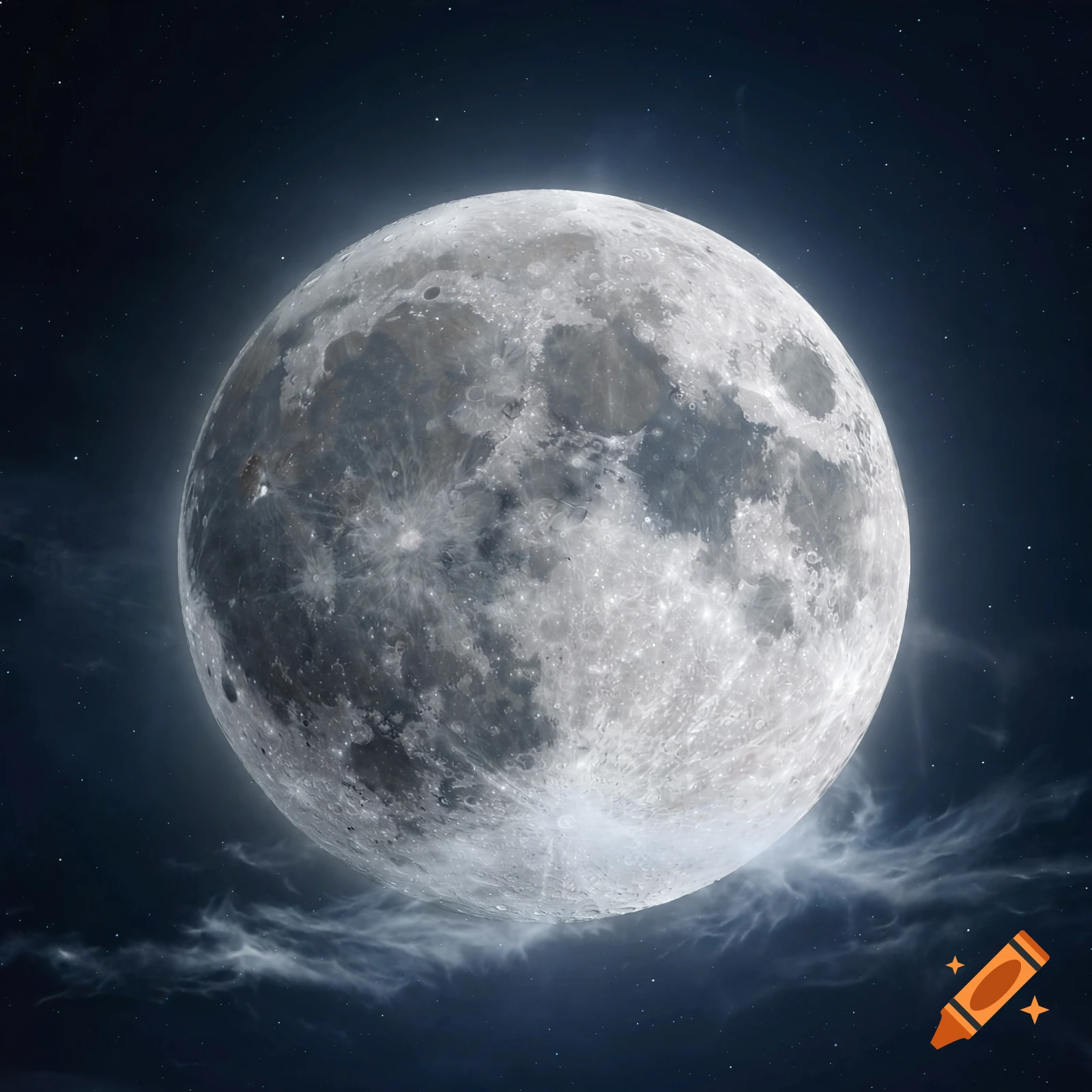 Detailed photorealistic view of the full moon against a dark, starry night sky with subtle wispy clouds.
