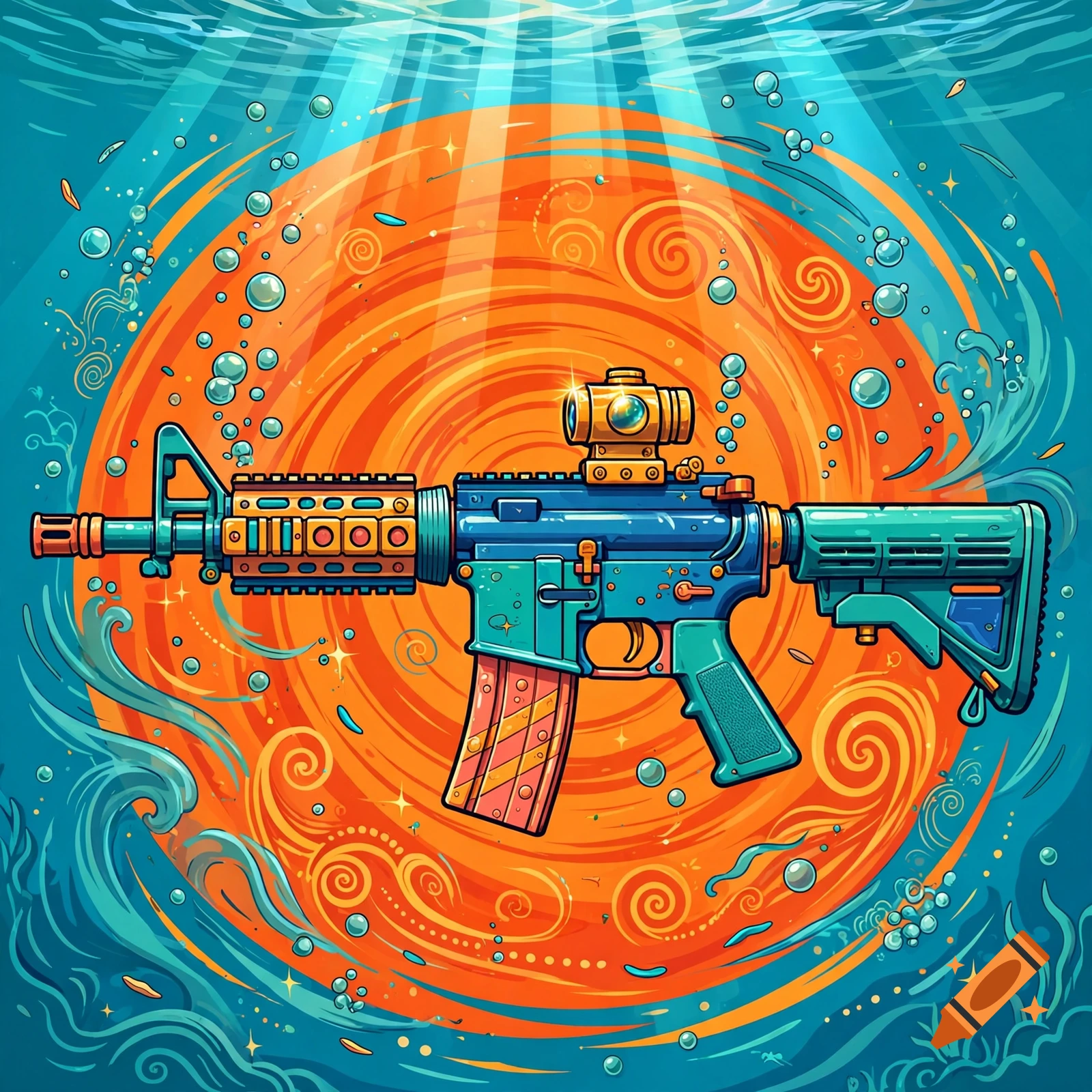Cartoon-style illustration of an M4A1 rifle underwater against an orange swirling background.