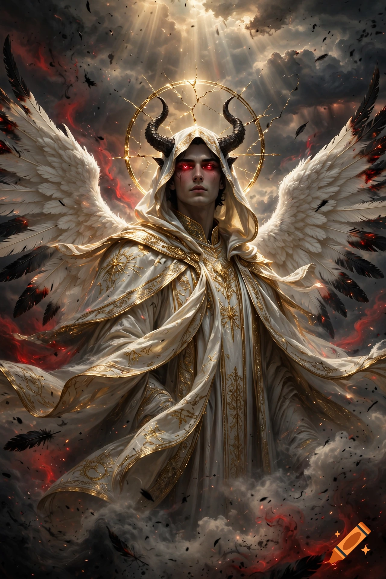 A mystical horned figure with glowing red eyes, white feathery wings, and a cracked golden halo, wearing ornate white and gold vestments against a dramatic cloudy sky.