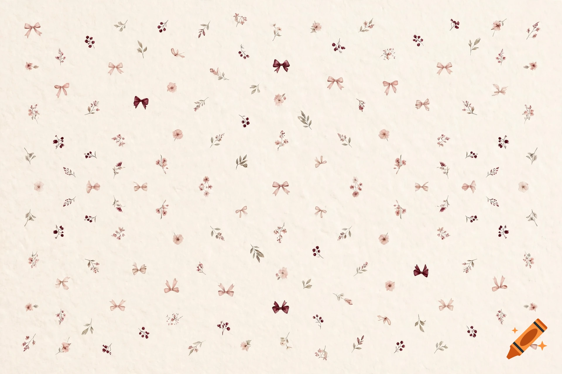 Subtle cream background with tiny watercolor-style dark pink and burgundy bows and flowers.