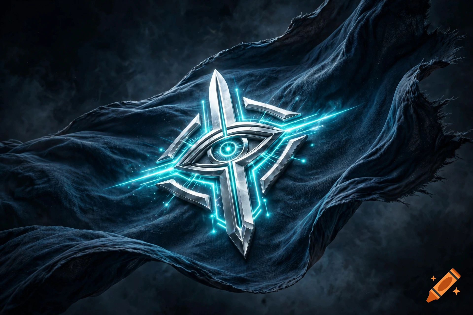 Photorealistic dark blue flag featuring a glowing silver and cyan emblem of a sword and an eye in the center.