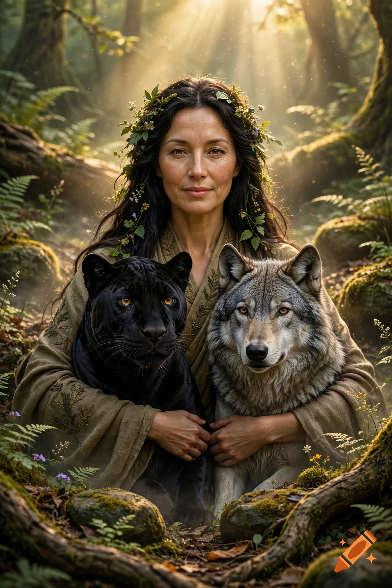 A woman wearing a floral crown in a sunlit forest, holding a black panther and a wolf.