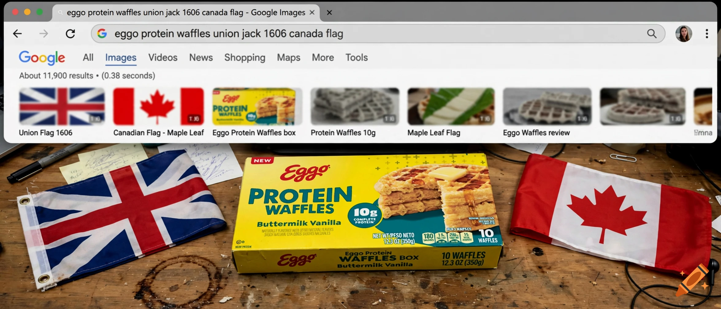 A photograph showing a browser window with a Google Images search for 'eggo protein waffles union jack 1606 canada flag' above a wooden table displaying a box of Eggo protein waffles flanked by a UK flag and a Canadian flag.
