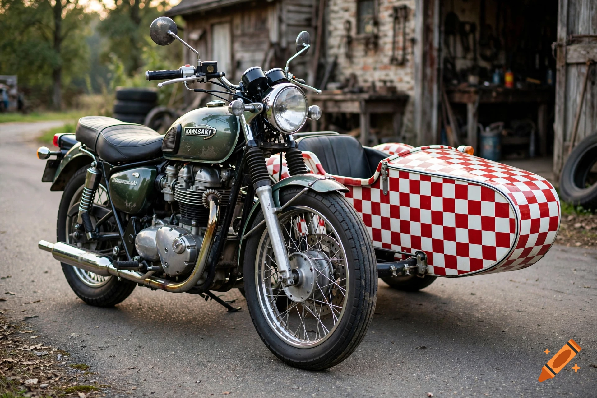A vintage green Kawasaki motorcycle with a red and white checkered sidecar parked on a paved road.