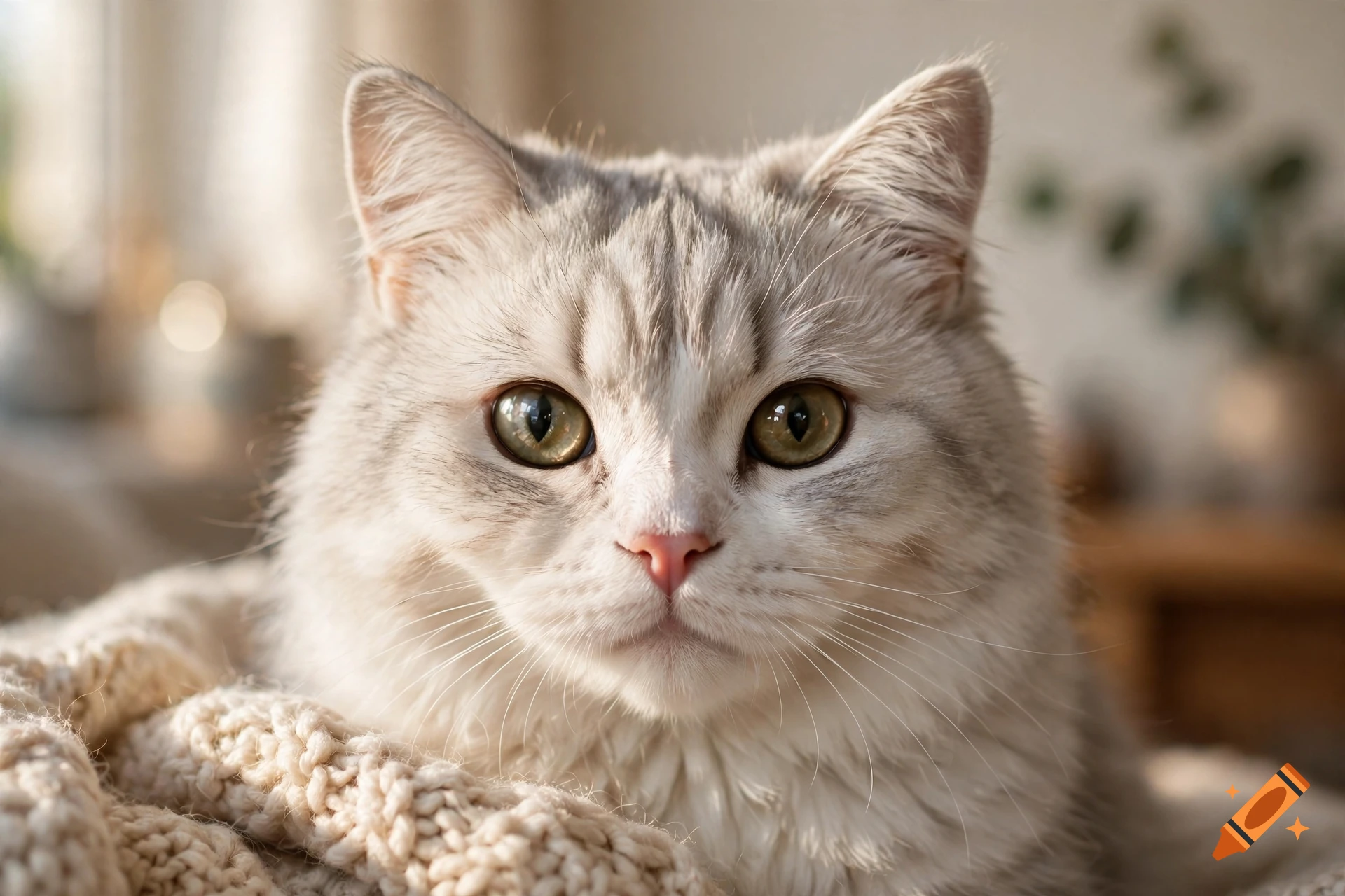 Close-up photorealistic portrait of a fluffy white and grey cat resting on a knitted blanket.