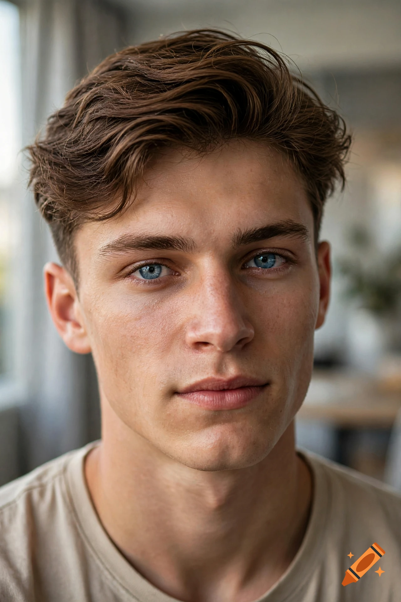 Close-up photorealistic portrait of an 18-year-old young man with bright blue eyes, brown hair, and sharp jawline.