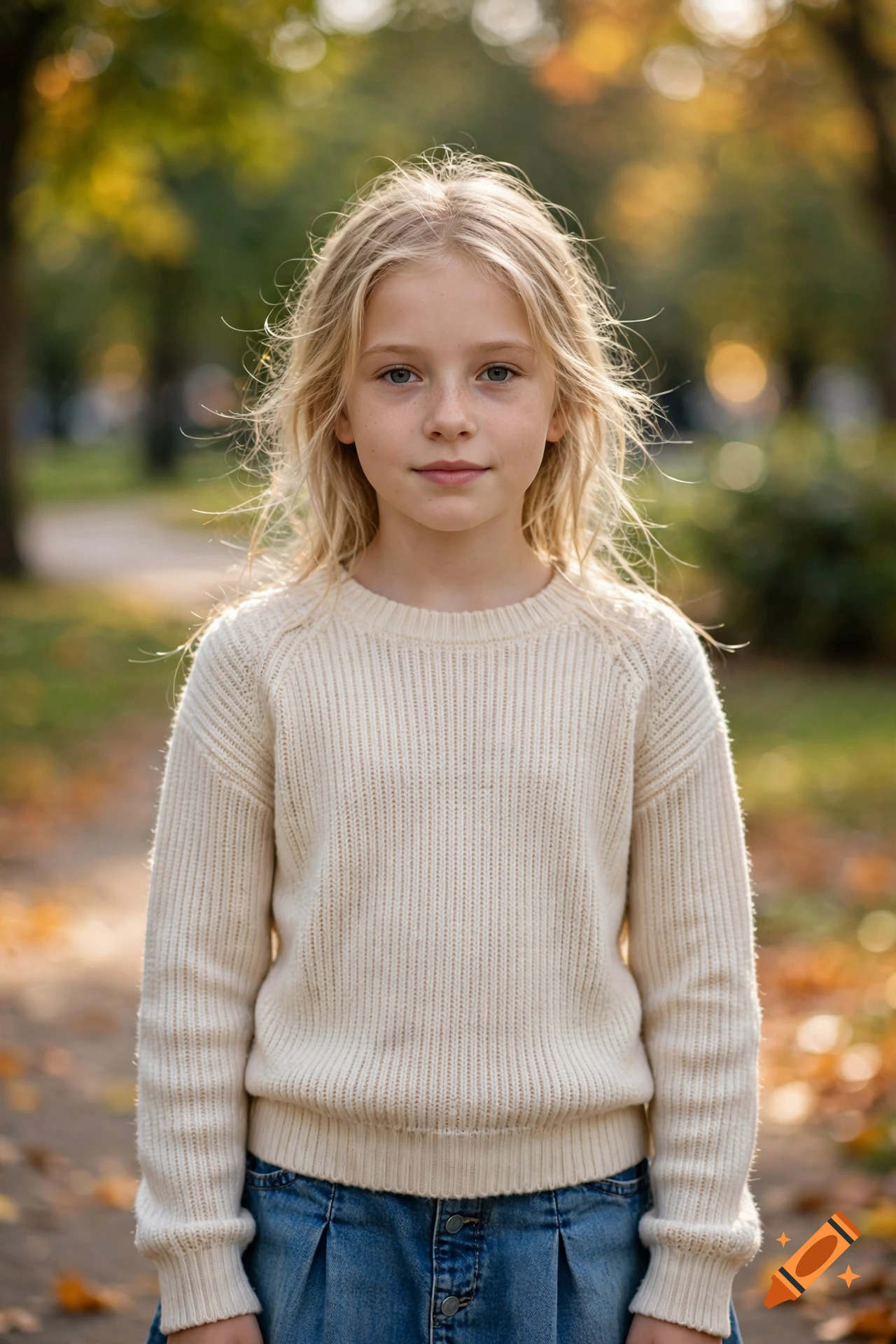 Photorealistic portrait of a young blonde girl with freckles wearing a beige knit sweater outdoors in an autumn park.