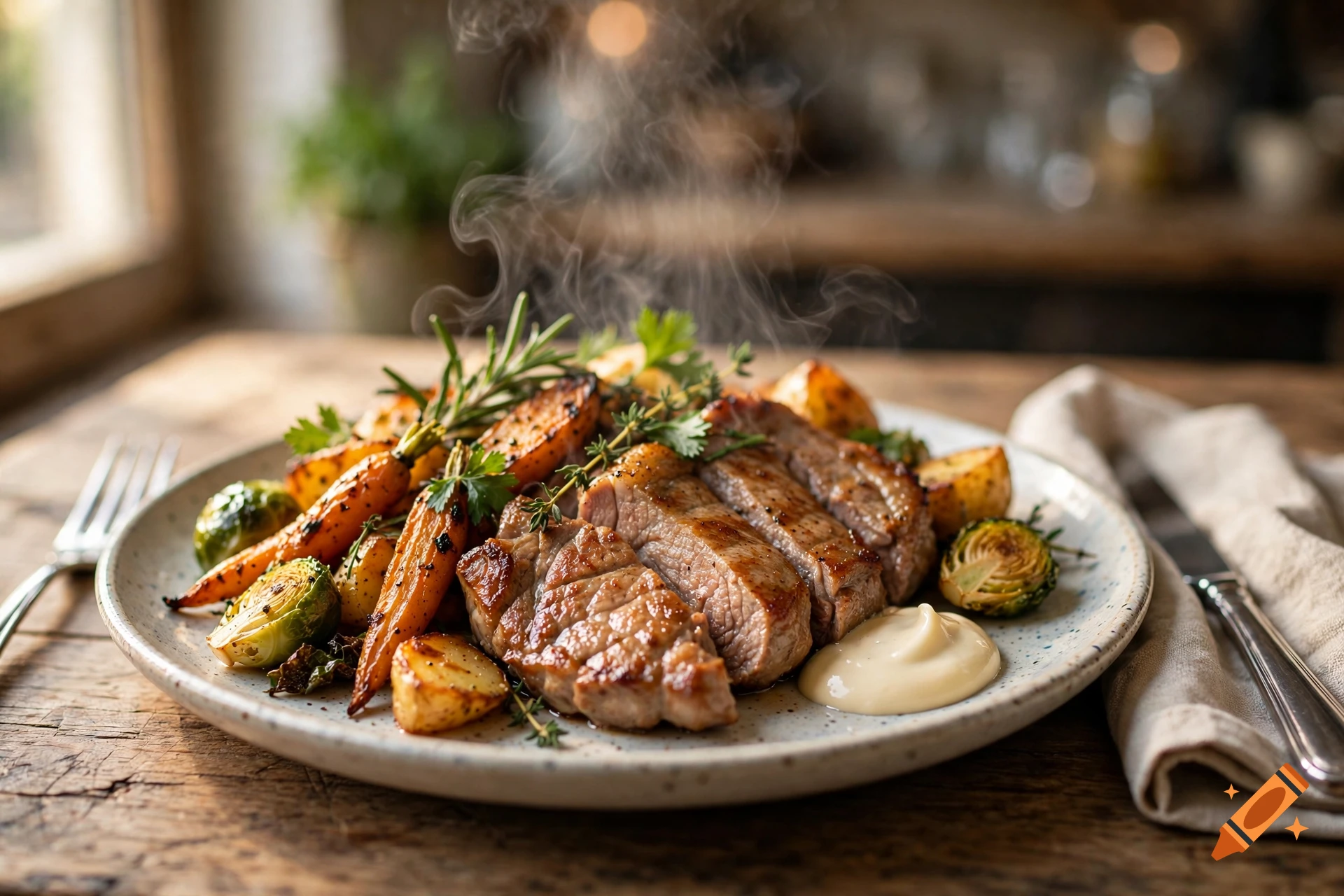 Photorealistic close-up of a plate of sliced steak, roasted potatoes, carrots, and brussels sprouts with steaming hot sauce on a wooden table.
