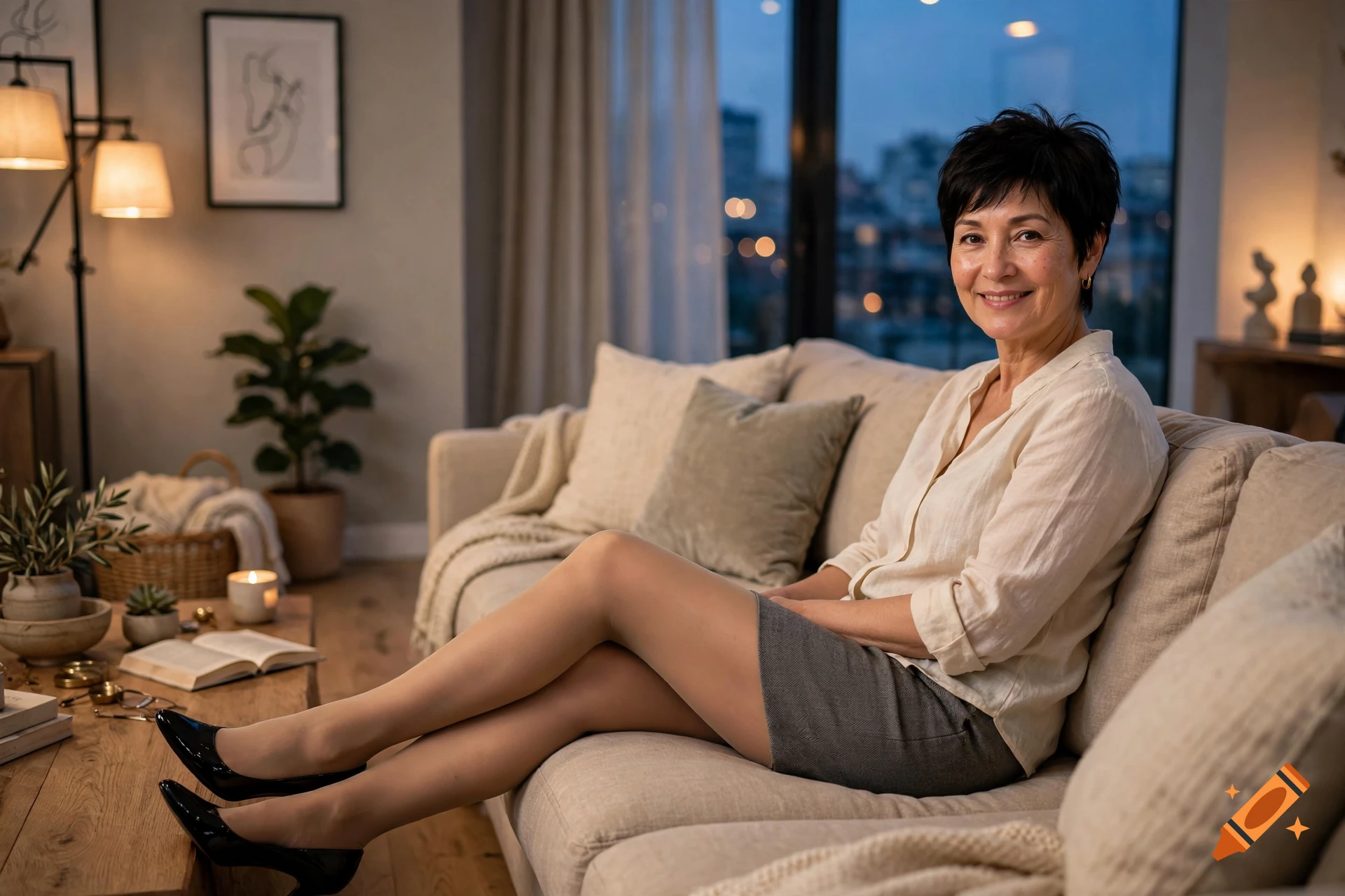 An elegant 45-year-old woman with short black hair sitting on a cozy living room sofa, smiling toward the camera.