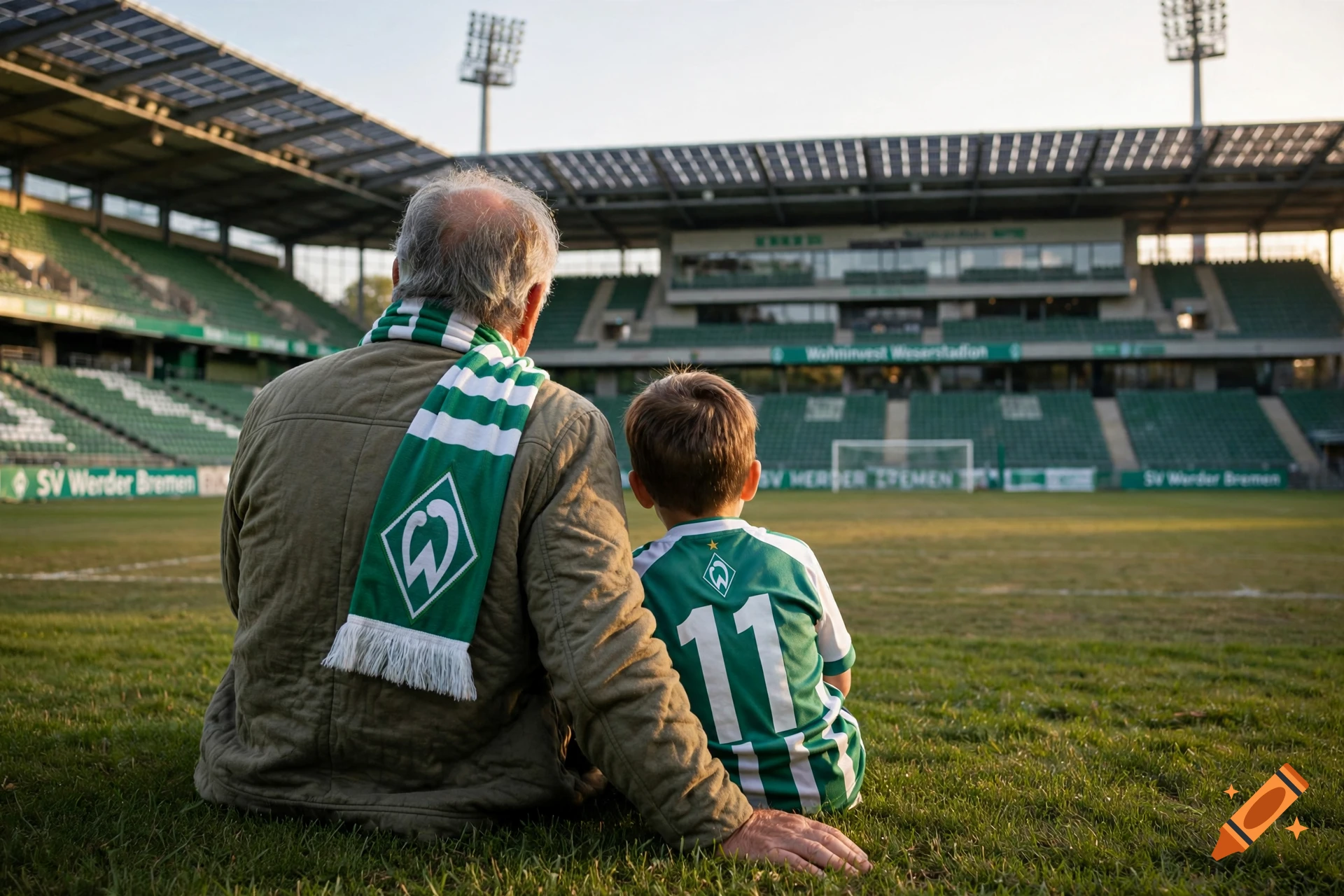 An elderly man and a young boy wearing SV Werder Bremen scarves and jerseys sit on the grass, viewing a football stadium from behind.