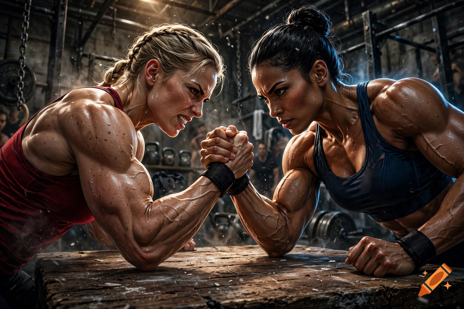 Two muscular women intensely arm wrestling across a wooden table in a gritty gym setting, photorealistic style.