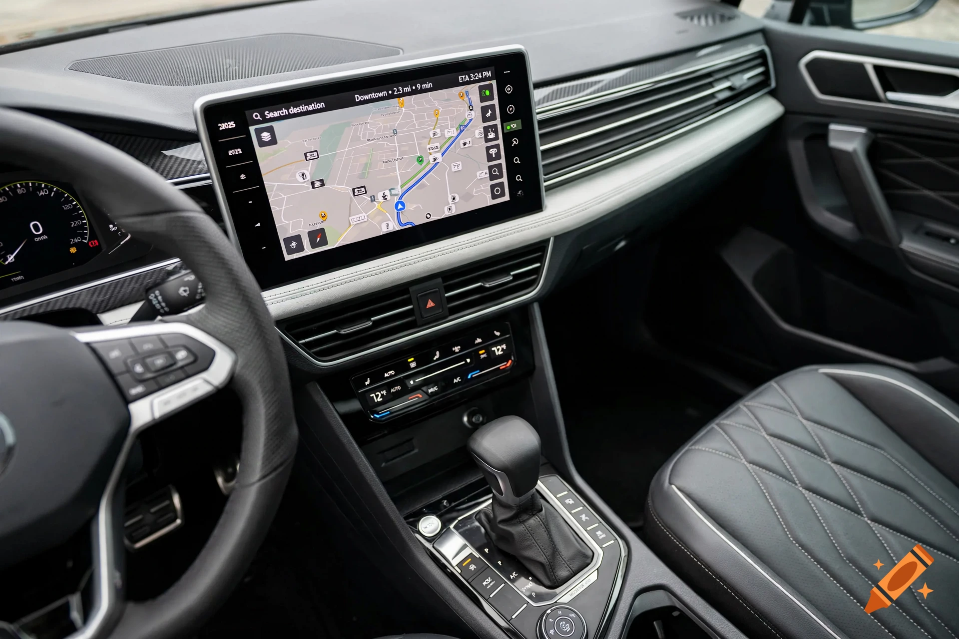 Photorealistic interior view of a modern Volkswagen Tiguan SUV dashboard and center console with a navigation screen.