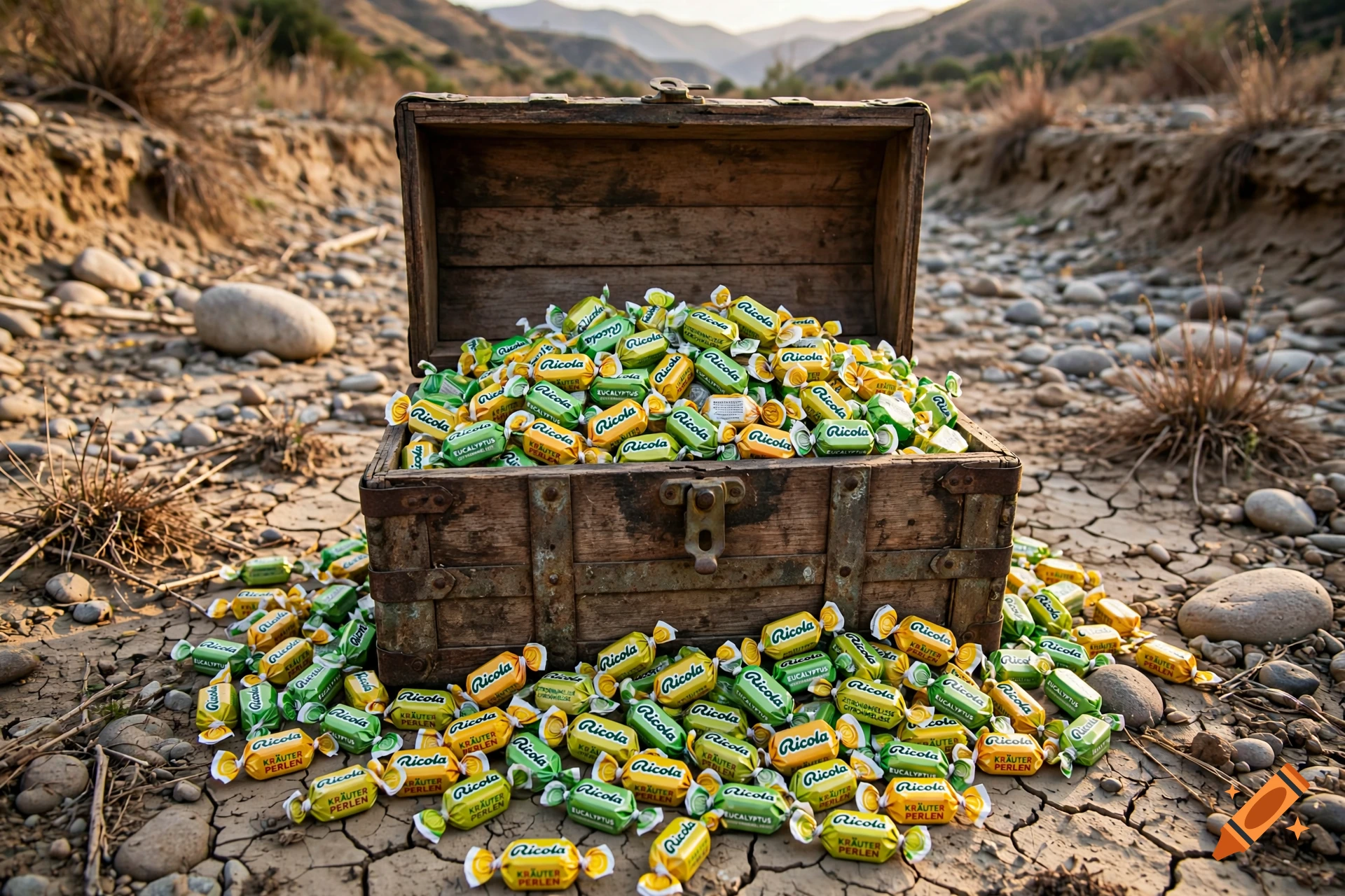 Photorealistic open wooden treasure chest overflowing with Ricola candy wrappers in a dry, rocky riverbed.
