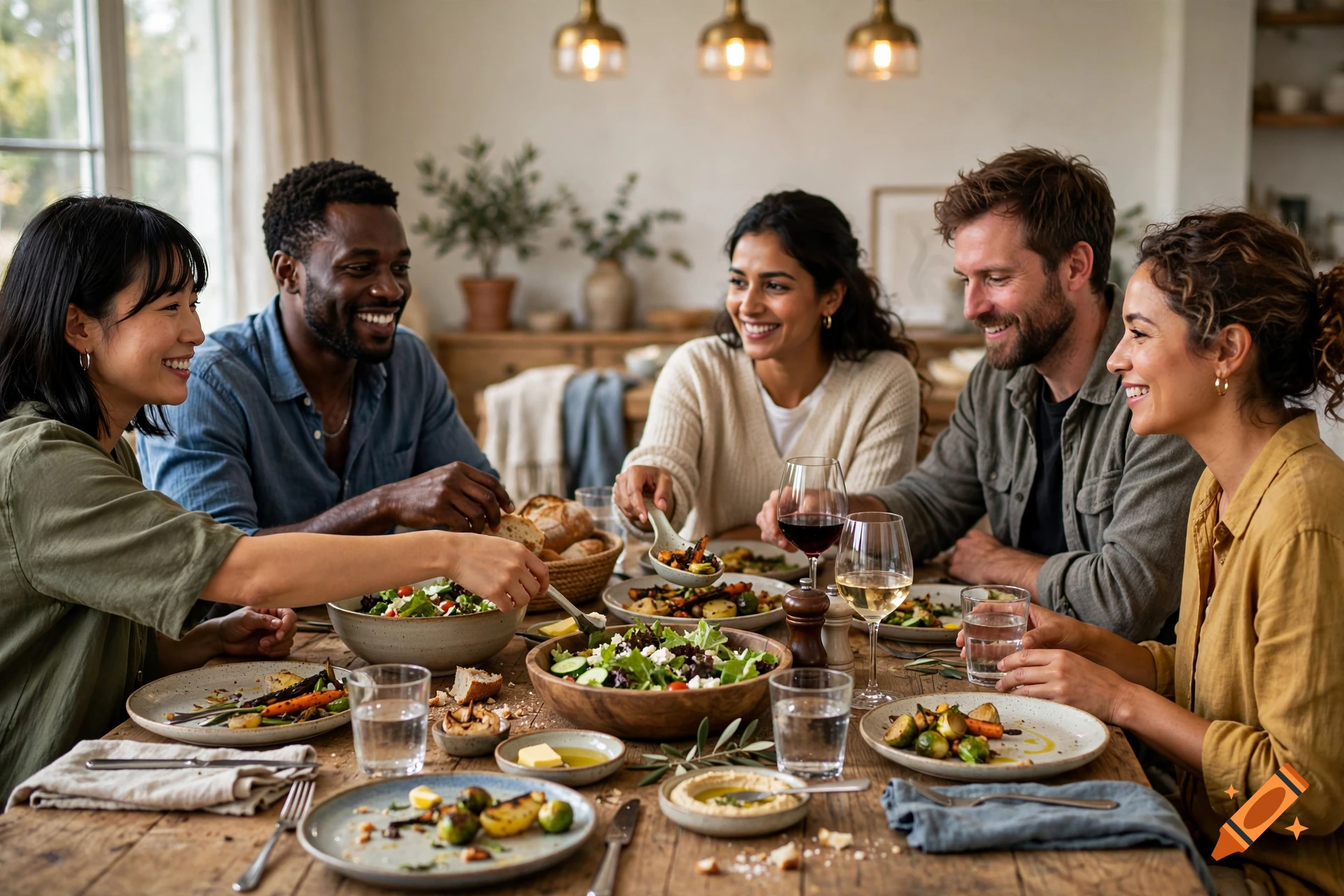 Photorealistic image of a diverse group of friends smiling and eating together around a wooden dining table.