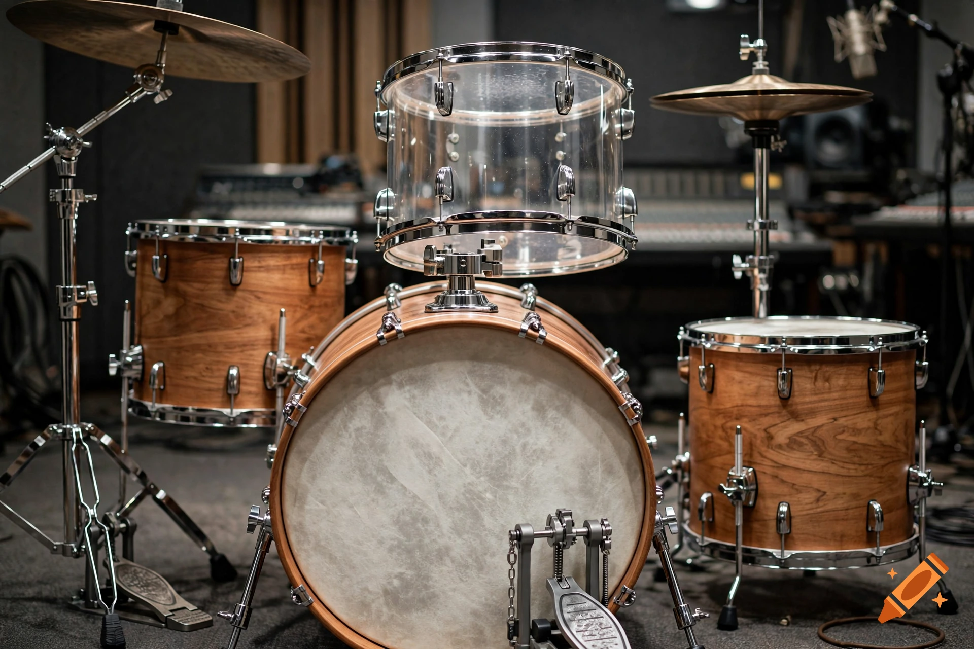 Photorealistic image of a complete acoustic drum kit in a studio, featuring natural wood shells and a transparent acrylic rack tom.