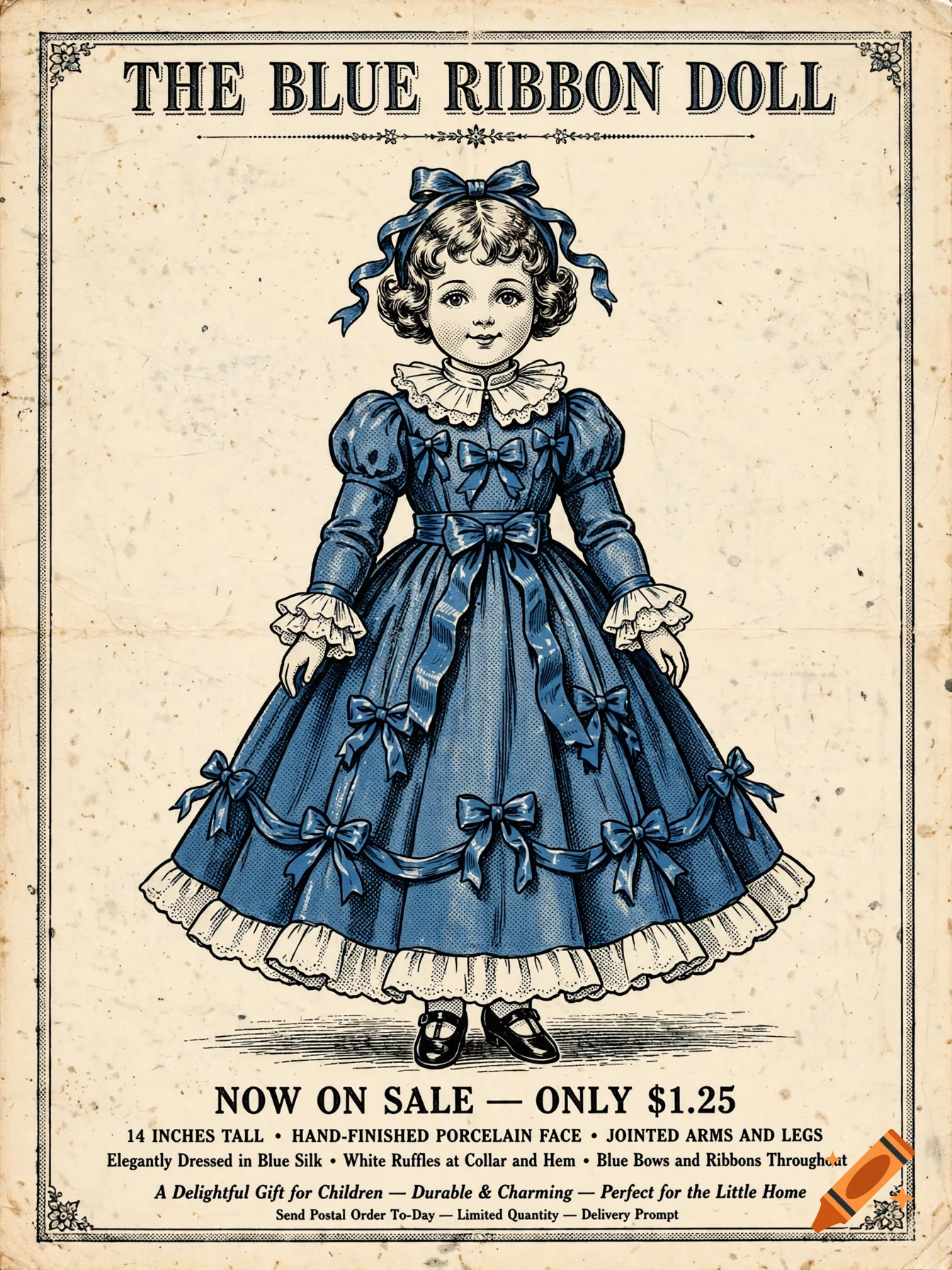 Vintage 1910s newspaper advertisement illustration of a porcelain doll in a blue dress with white ruffles.