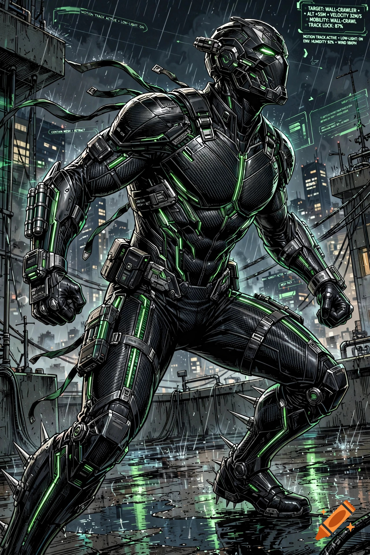 A futuristic cyborg character in a black and green armored suit stands in a rainy urban environment.