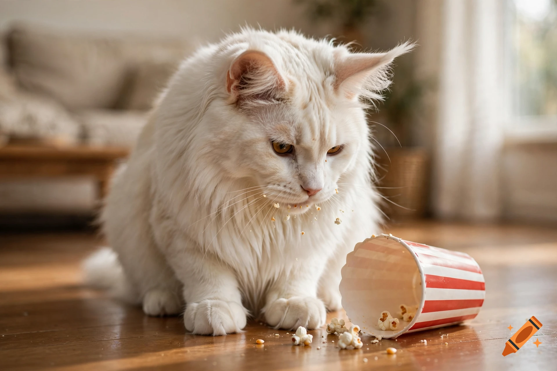 Photorealistic image of a fluffy white Maine Coon cat eating popcorn spilled from a red and white striped paper tub on a wooden floor.