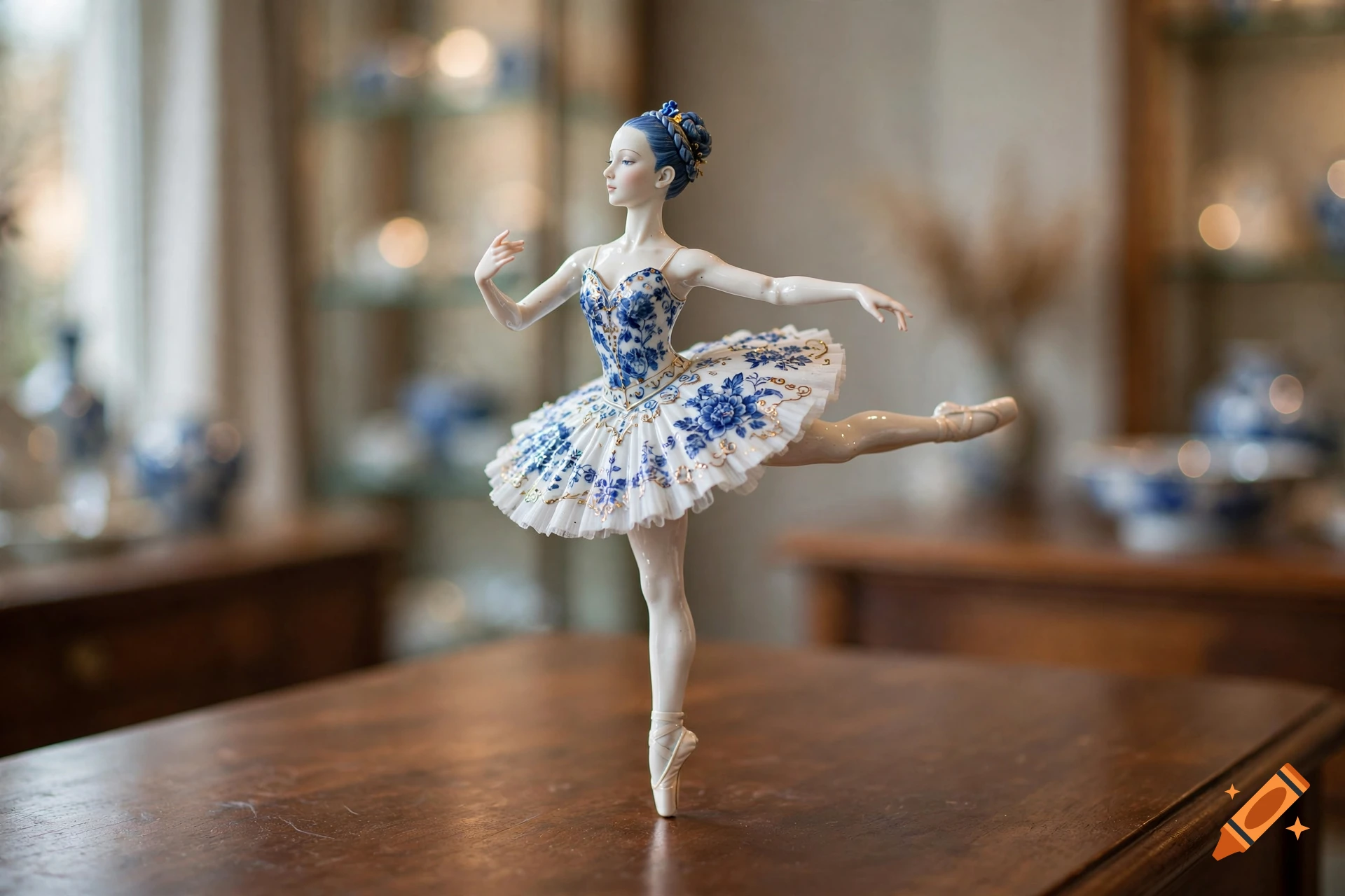 A porcelain ballerina doll with blue and white patterns, posed gracefully on a wooden table.