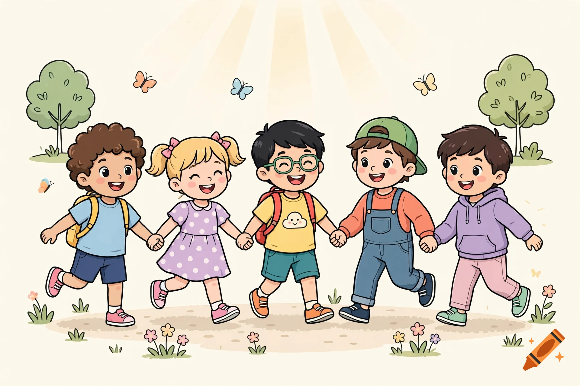 Colorful children's illustration of five smiling kids holding hands and walking together in a sunny park with trees and butterflies.