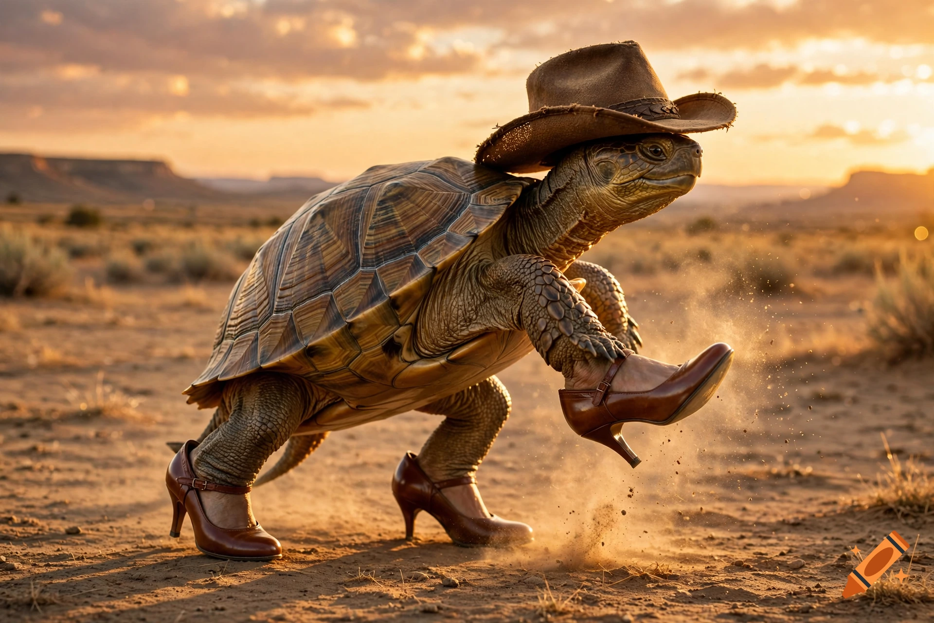 Photorealistic turtle wearing a cowboy hat and high heels, dancing in a dusty Western landscape at sunset.
