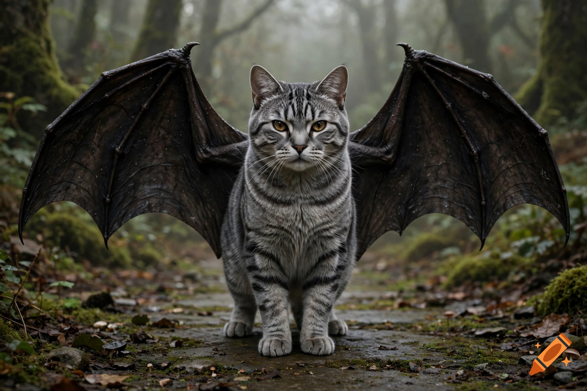 Photorealistic image of a gray tabby cat with large dark bat wings standing on a mossy stone path in a foggy forest.