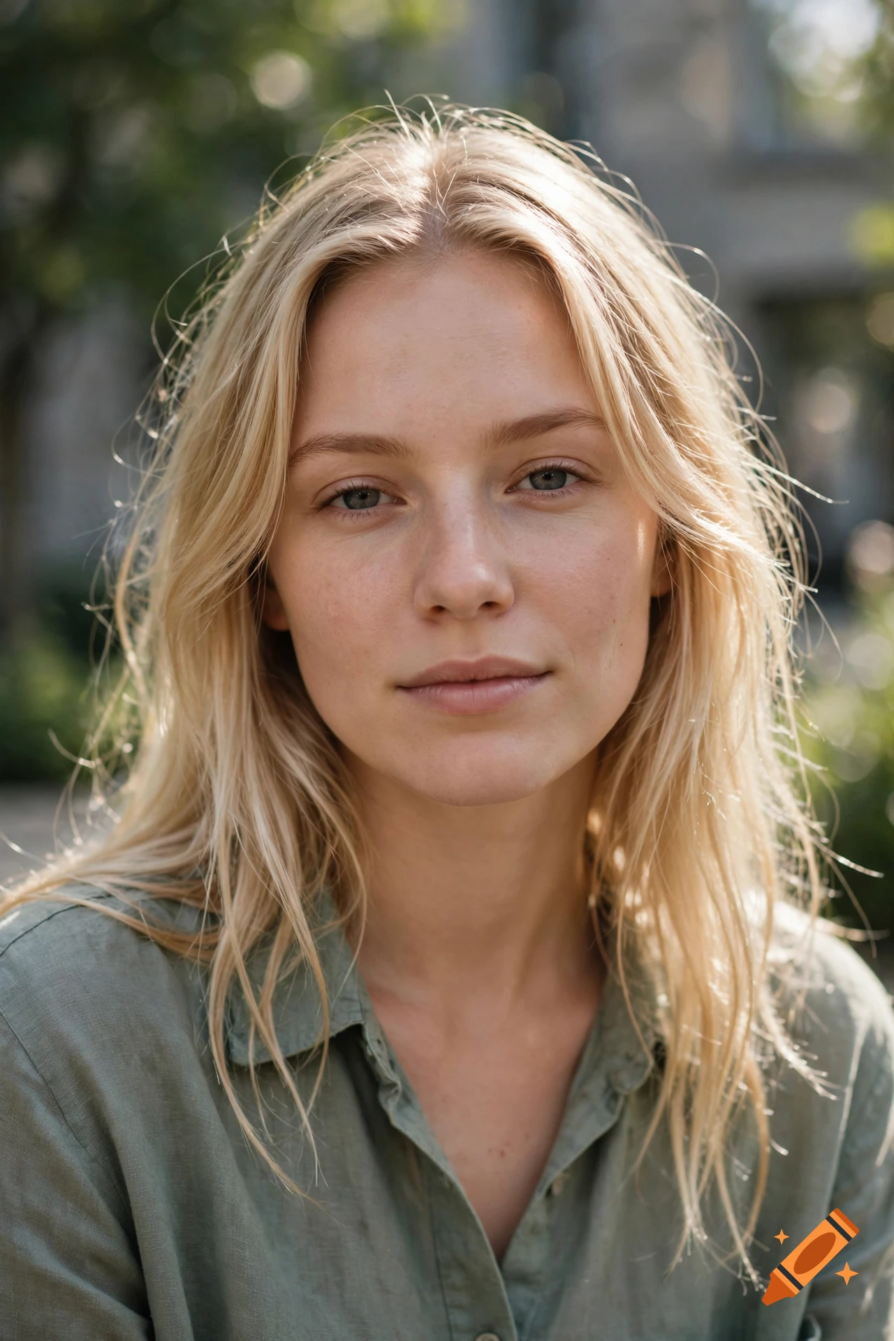 Close-up portrait of a young woman with blonde hair wearing a green collared shirt outdoors.