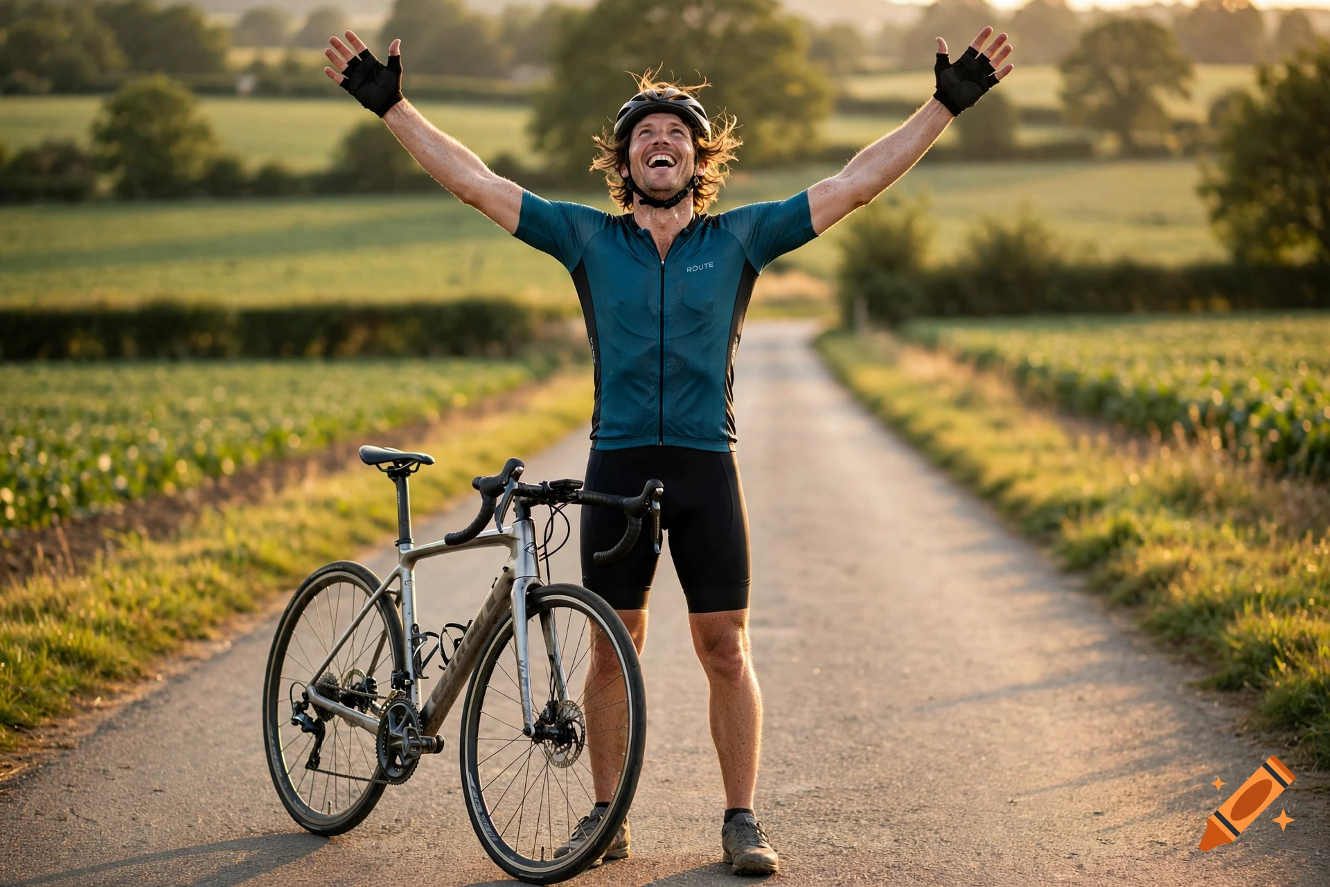 Photorealistic image of a male cyclist standing on a rural road with arms raised in victory, next to his bicycle, during golden hour.