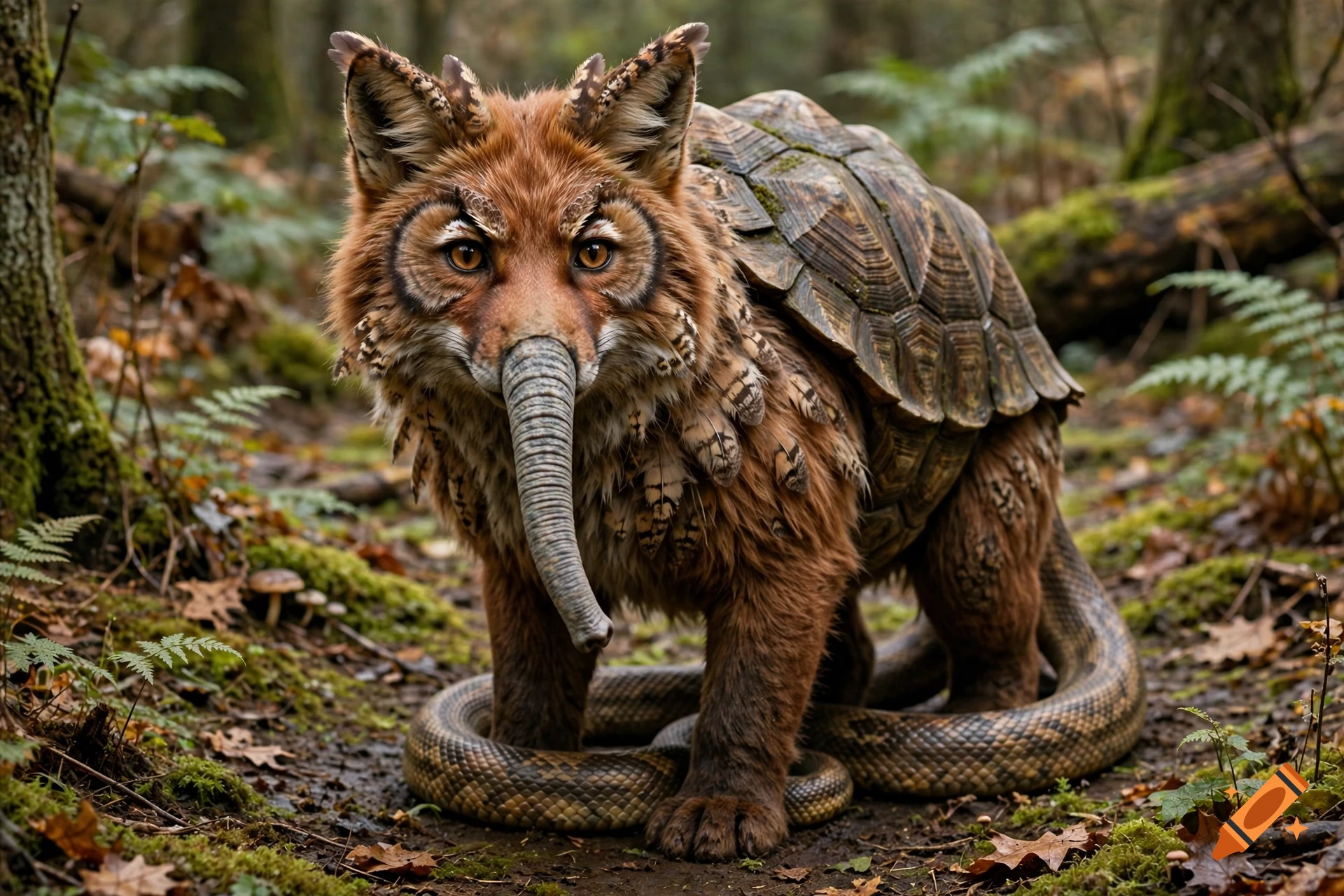 Photorealistic hybrid creature with a fox head, owl markings, elephant trunk, turtle shell, and snake body in a forest.