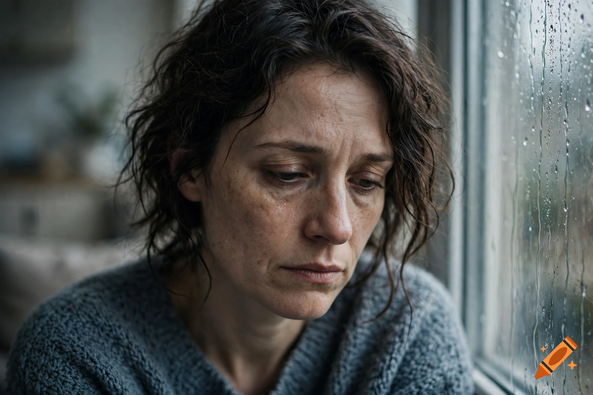 Close-up photorealistic portrait of a sad, wet-haired woman looking down near a rain-streaked window.
