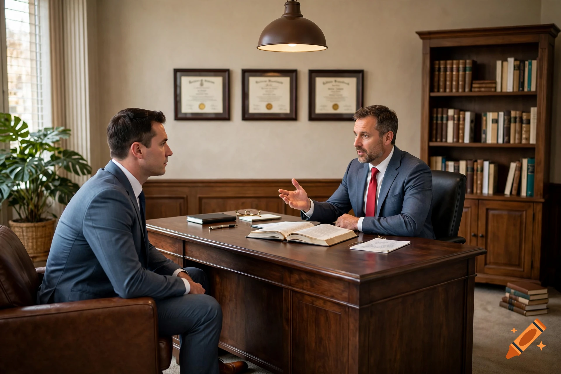 Photorealistic scene of a professional lawyer consulting a client across a wooden desk in an office.