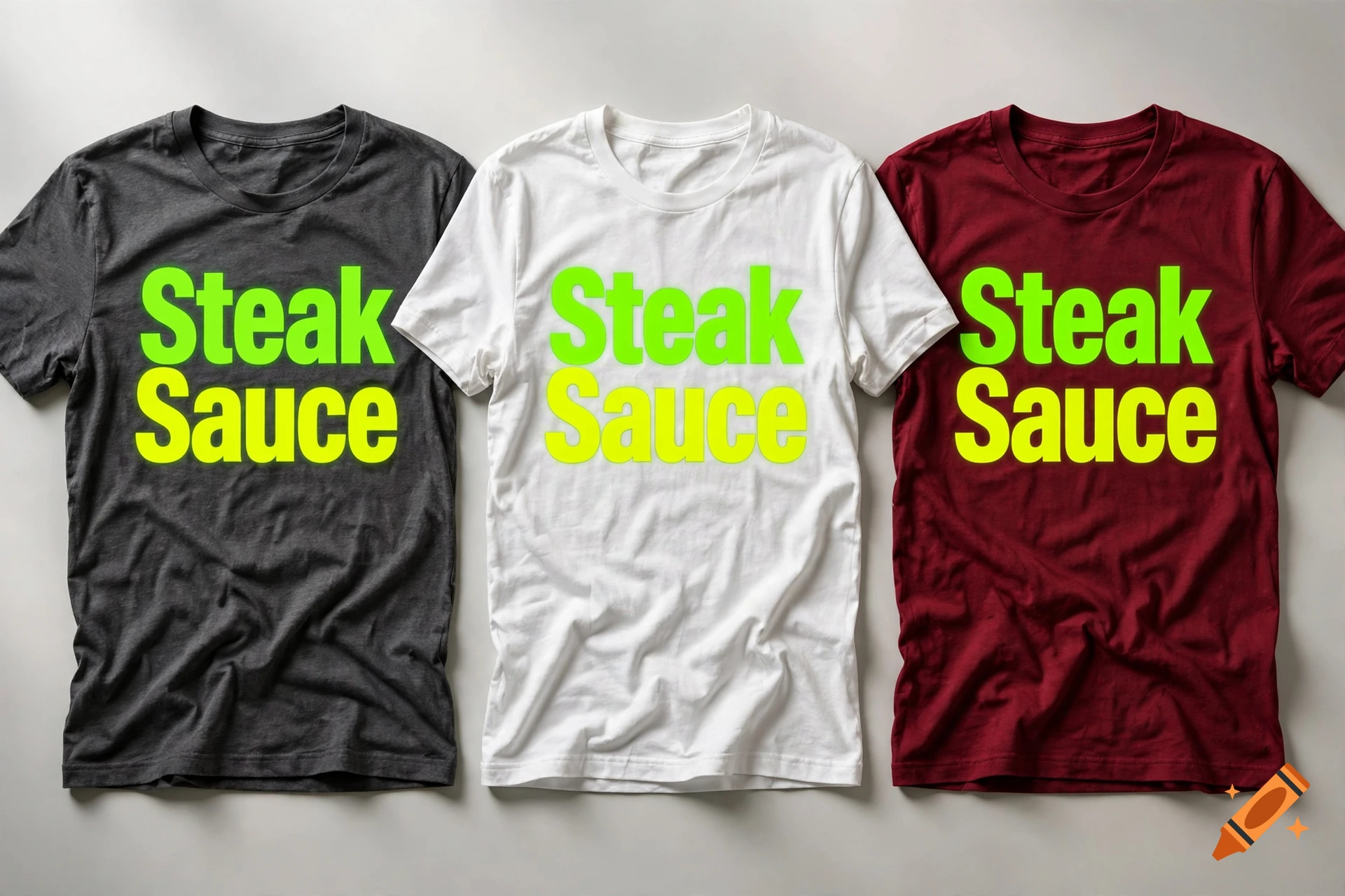 Three folded t-shirts in dark gray, white, and burgundy, featuring the neon yellow text Steak Sauce.