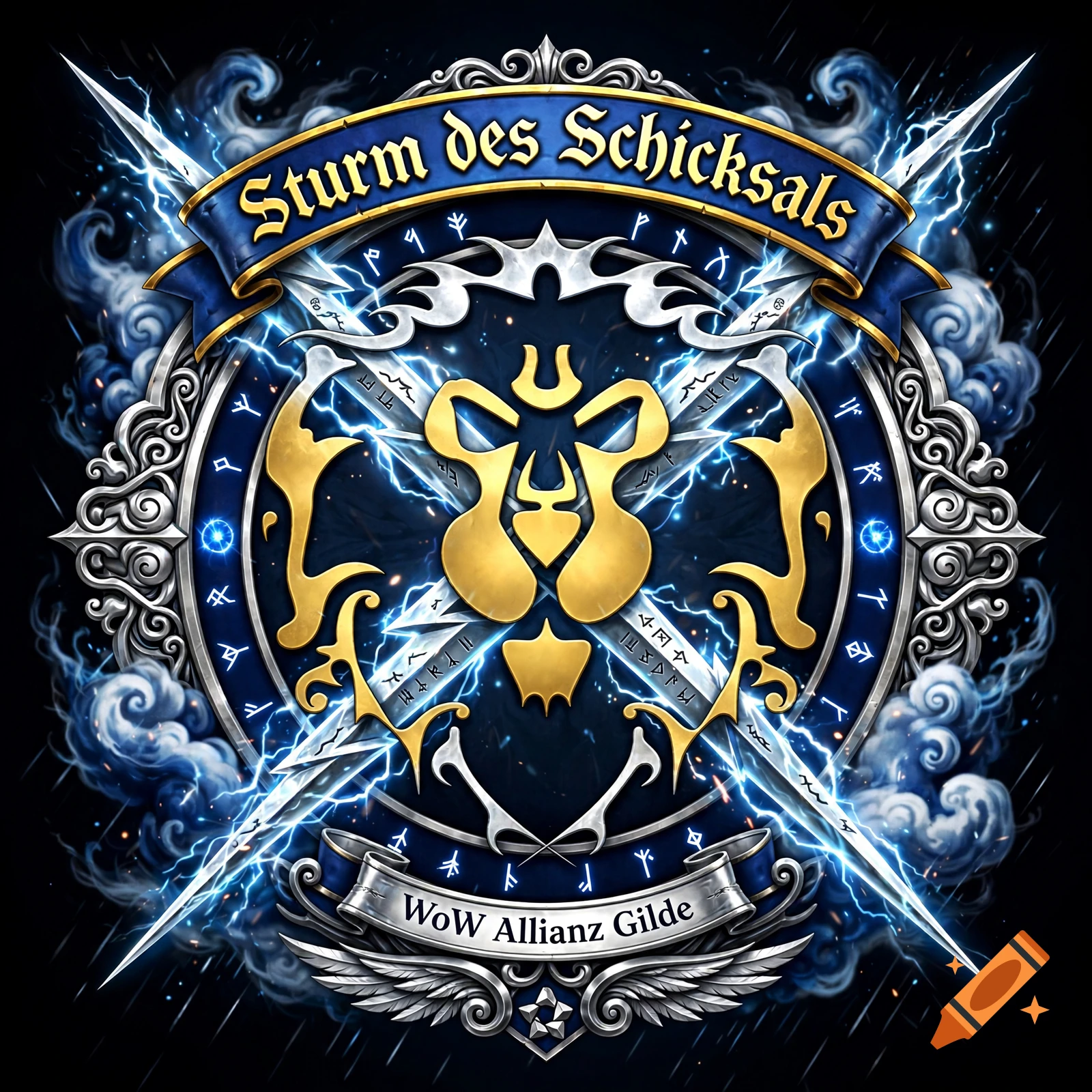 Fantasy logo with a gold crest, crossed swords, lightning, and the text Sturm des Schicksals and WoW Allianz Gilde.