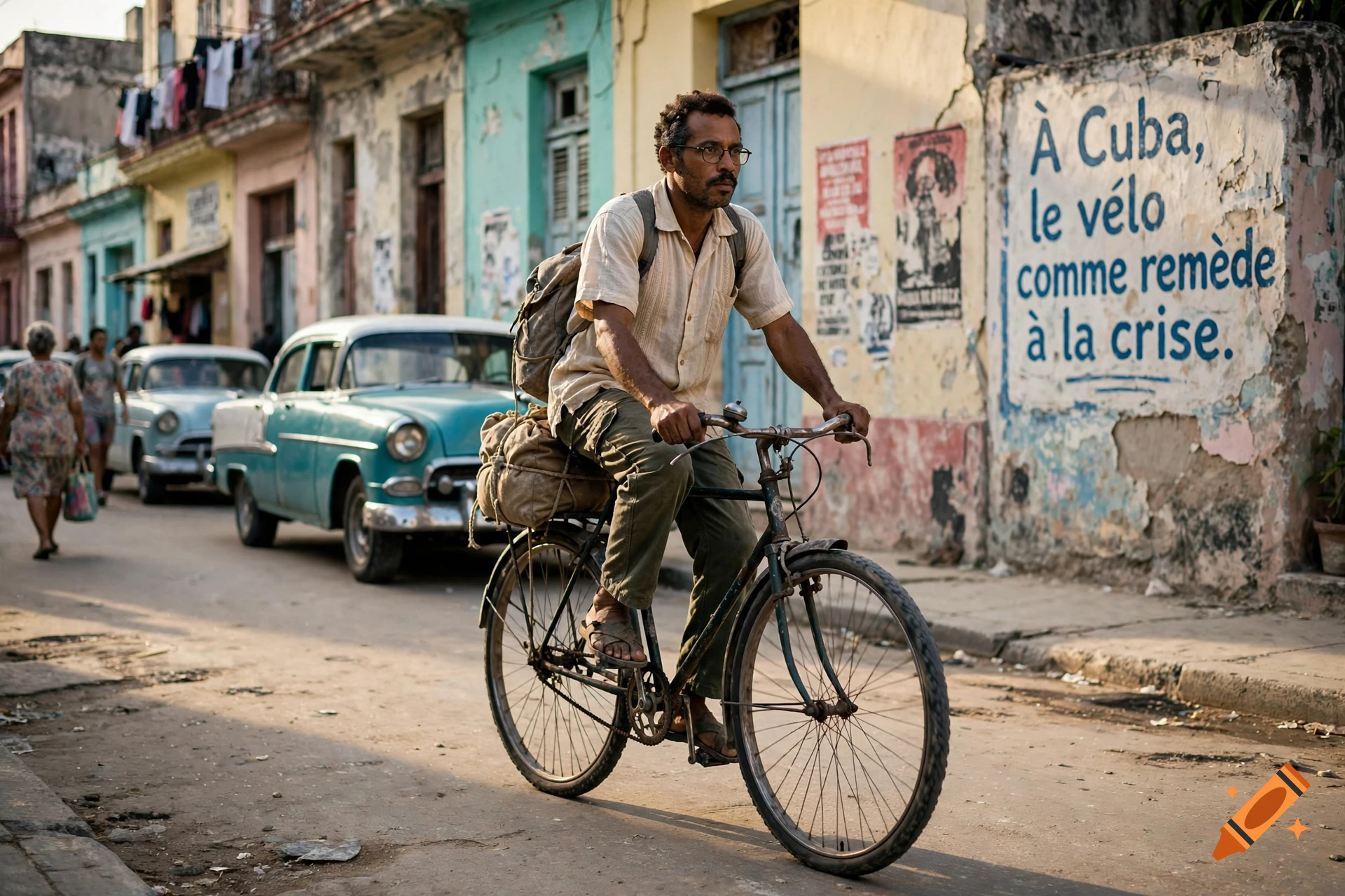 Photorealistic street scene in Cuba featuring a man riding a vintage bicycle with bags, passing classic cars and a painted wall.