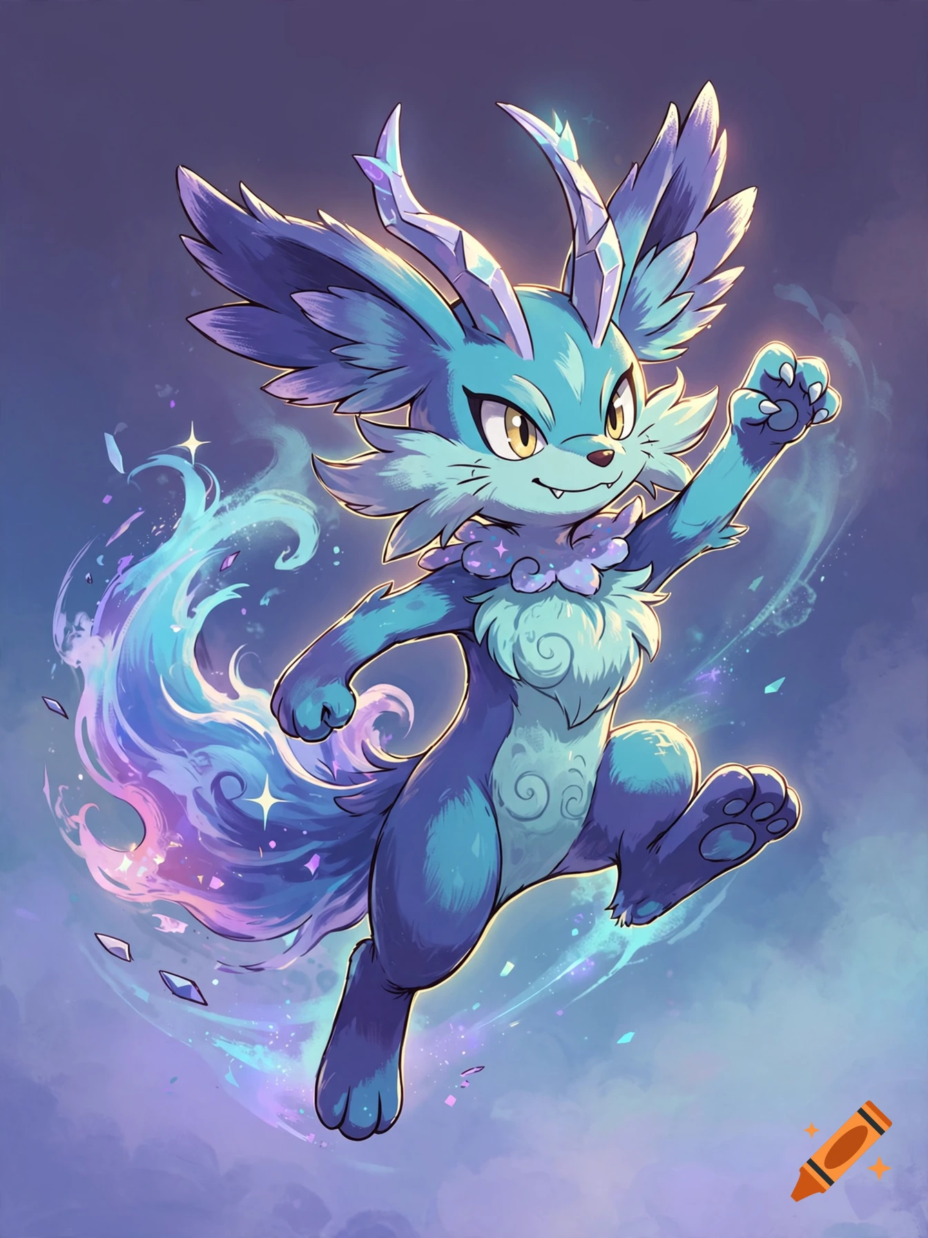An anime-style blue fantasy creature with horns and a glowing tail, leaping in a dynamic pose.