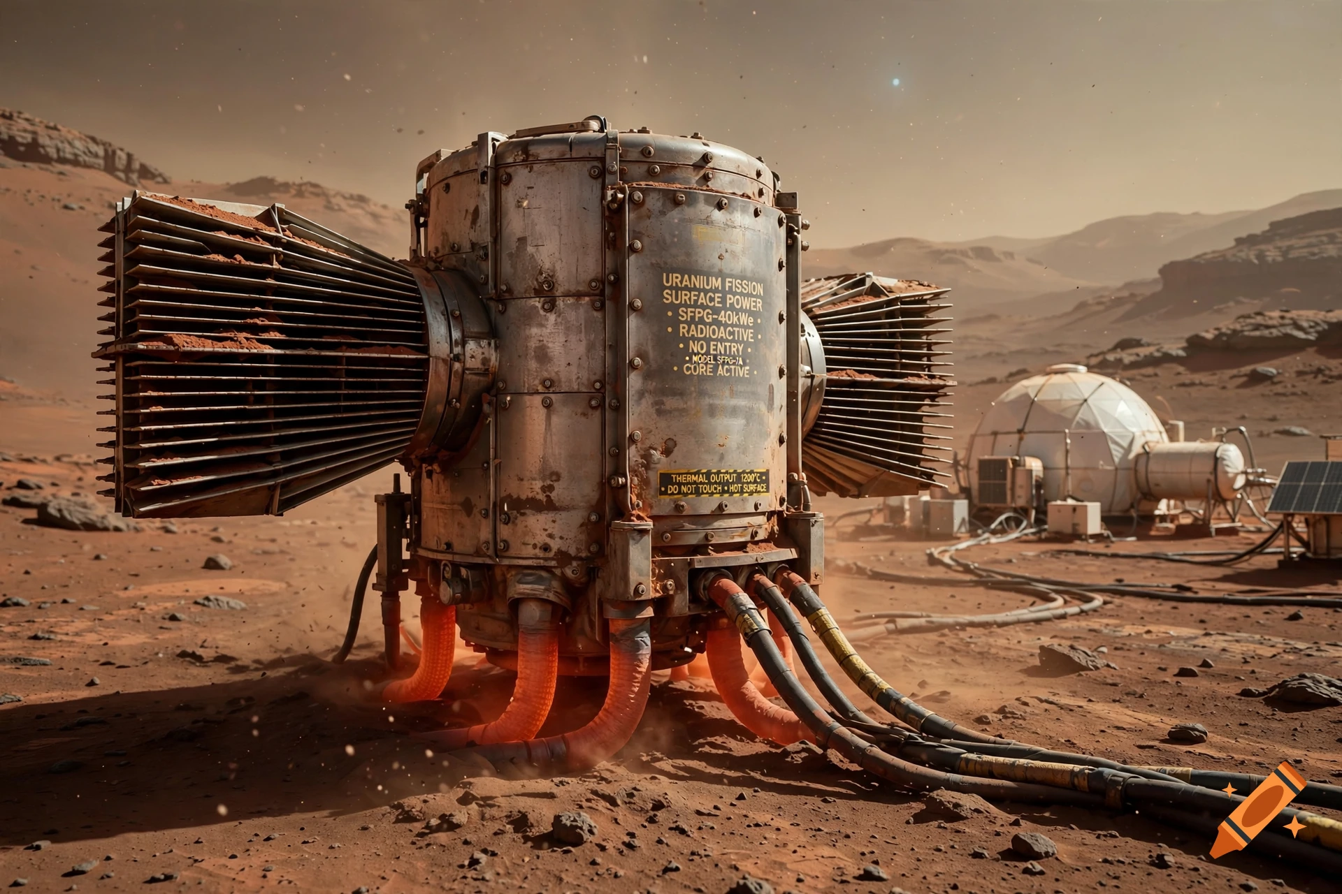 Detailed concept art of a futuristic uranium fission power generator on the dusty red terrain of Mars.
