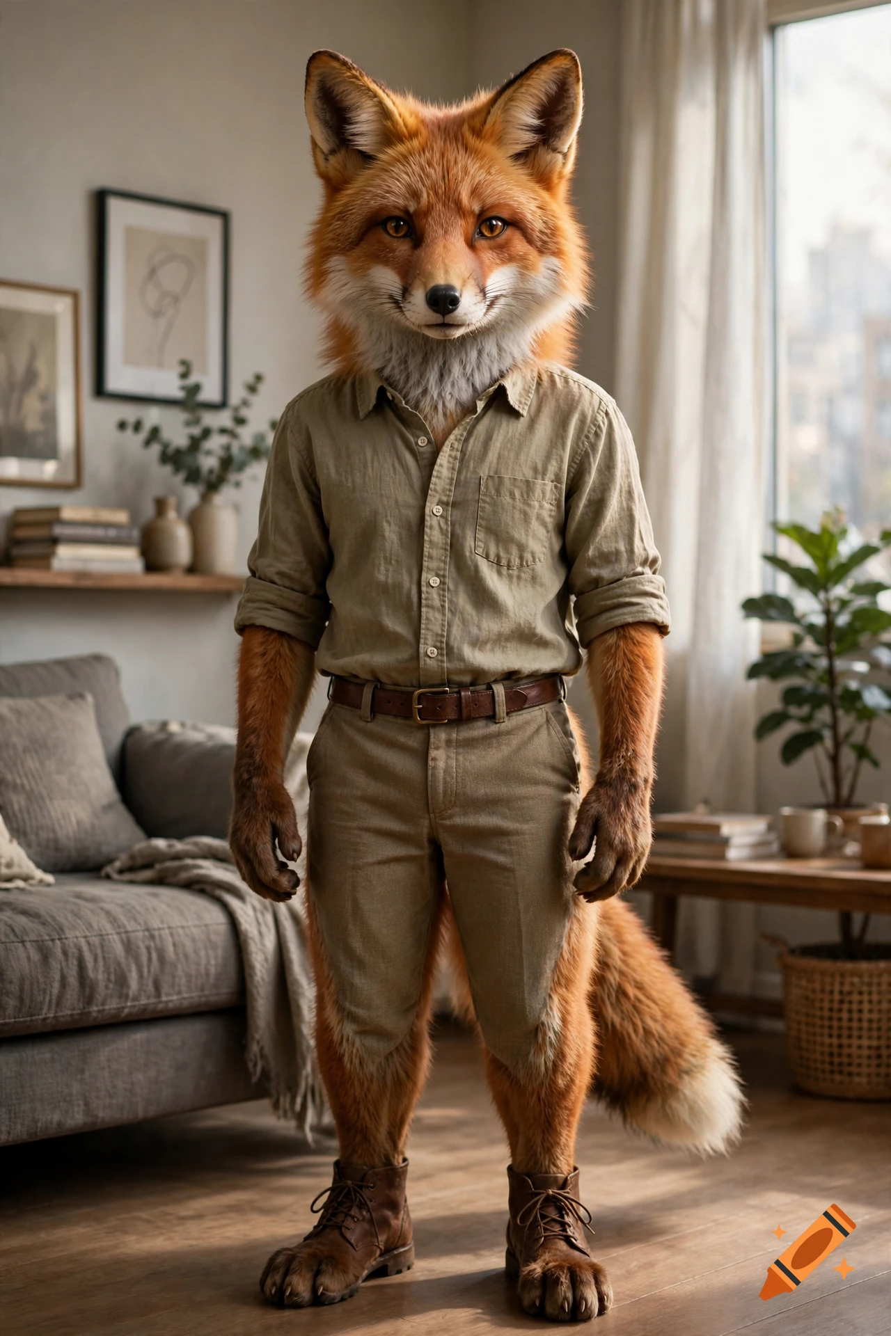 Photorealistic depiction of an anthropomorphic fox wearing a button-down shirt and trousers inside a cozy living room.