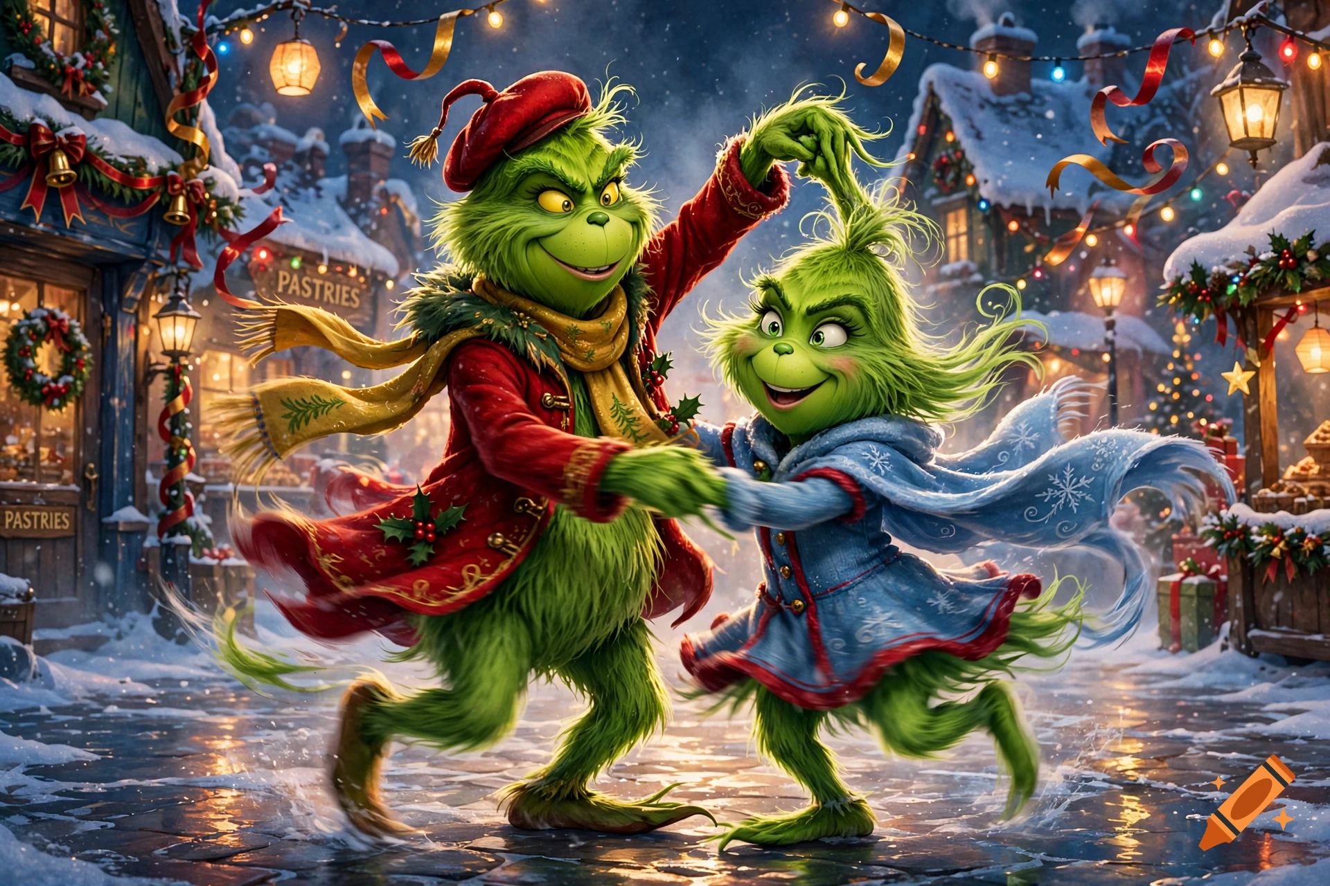 Two green Grinch-like characters in winter clothing dancing together on a snowy street decorated with holiday lights.
