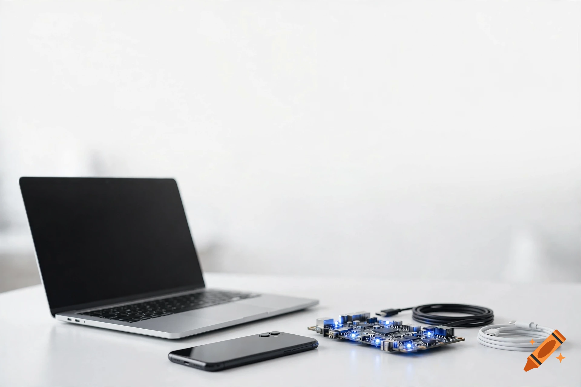 A laptop, a smartphone, a circuit board with blue LED lights, and cables arranged on a white desk against a white background.