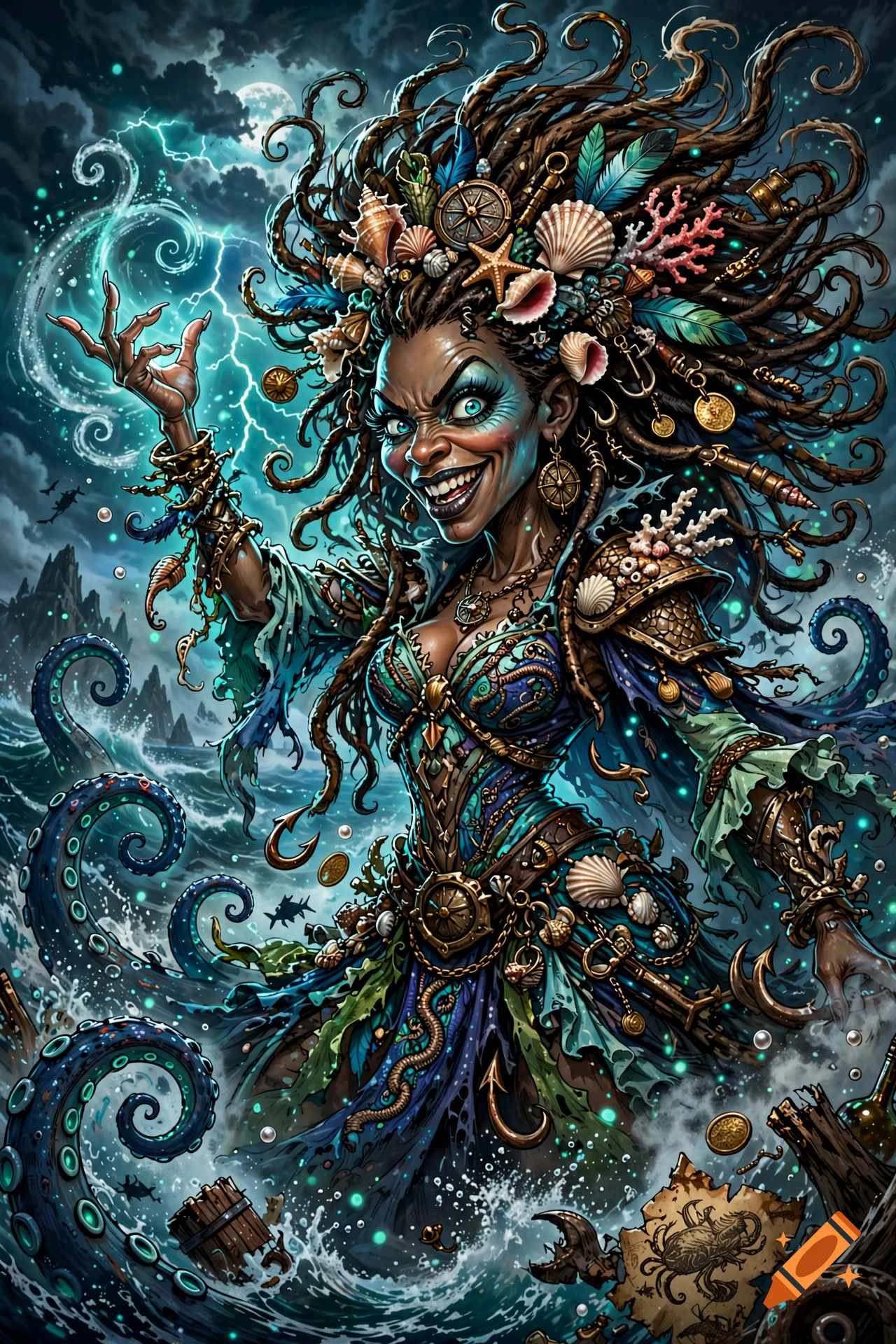 Caricature of a sea goddess with dreadlocks decorated with shells and coral, smiling wickedly amid stormy ocean waters and octopus tentacles.