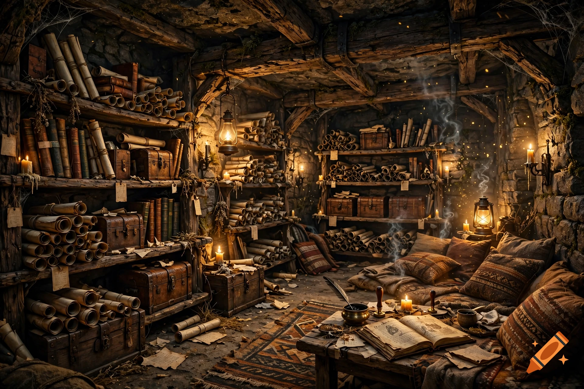 An underground medieval cellar room filled with wooden shelves, scrolls, chests, and a cozy corner with pillows and lanterns, photorealistic.