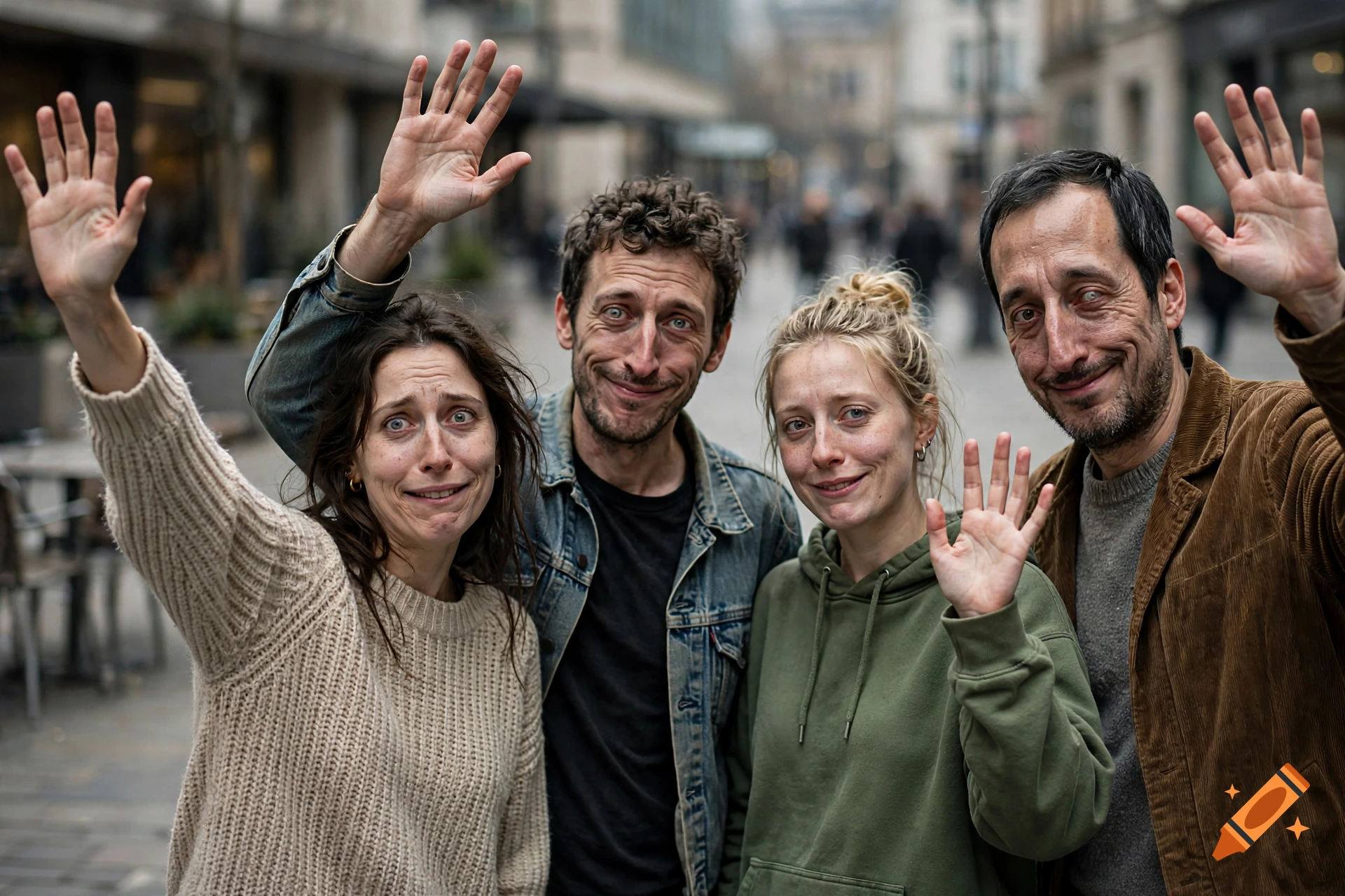Photorealistic image of four distorted people waving on a city street.