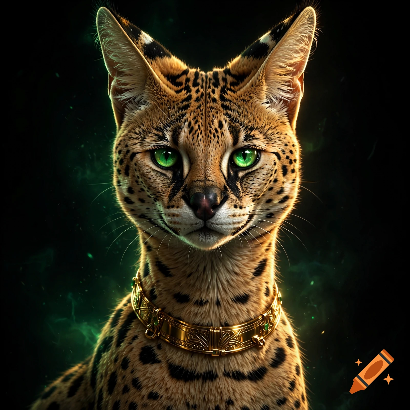 Close-up portrait of a serval cat with glowing green eyes and a golden ornate collar against a dark smoky background.