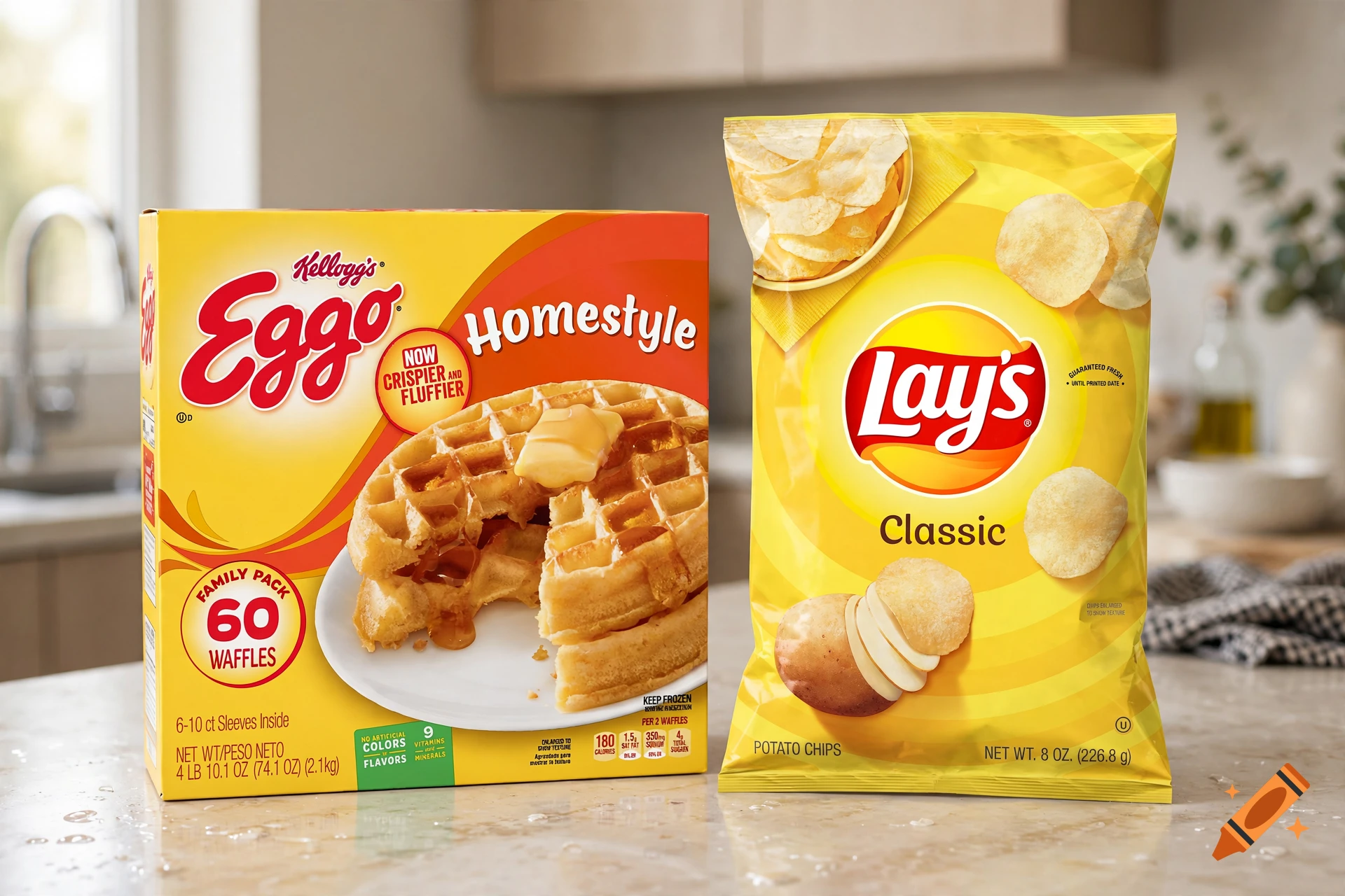 An Eggo waffles box and a Lay's classic potato chips bag placed side by side on a kitchen countertop.