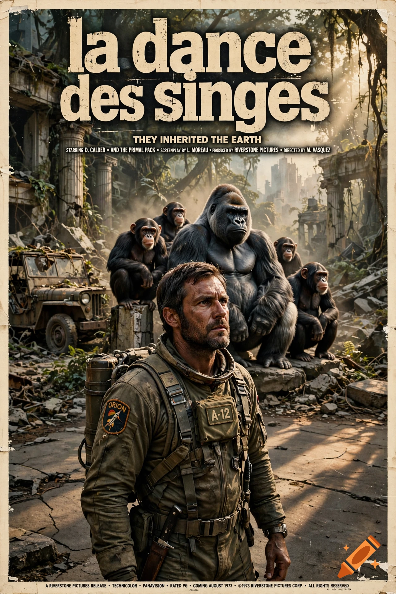 Vintage movie poster featuring a distressed astronaut standing before a group of apes in a ruined jungle city.